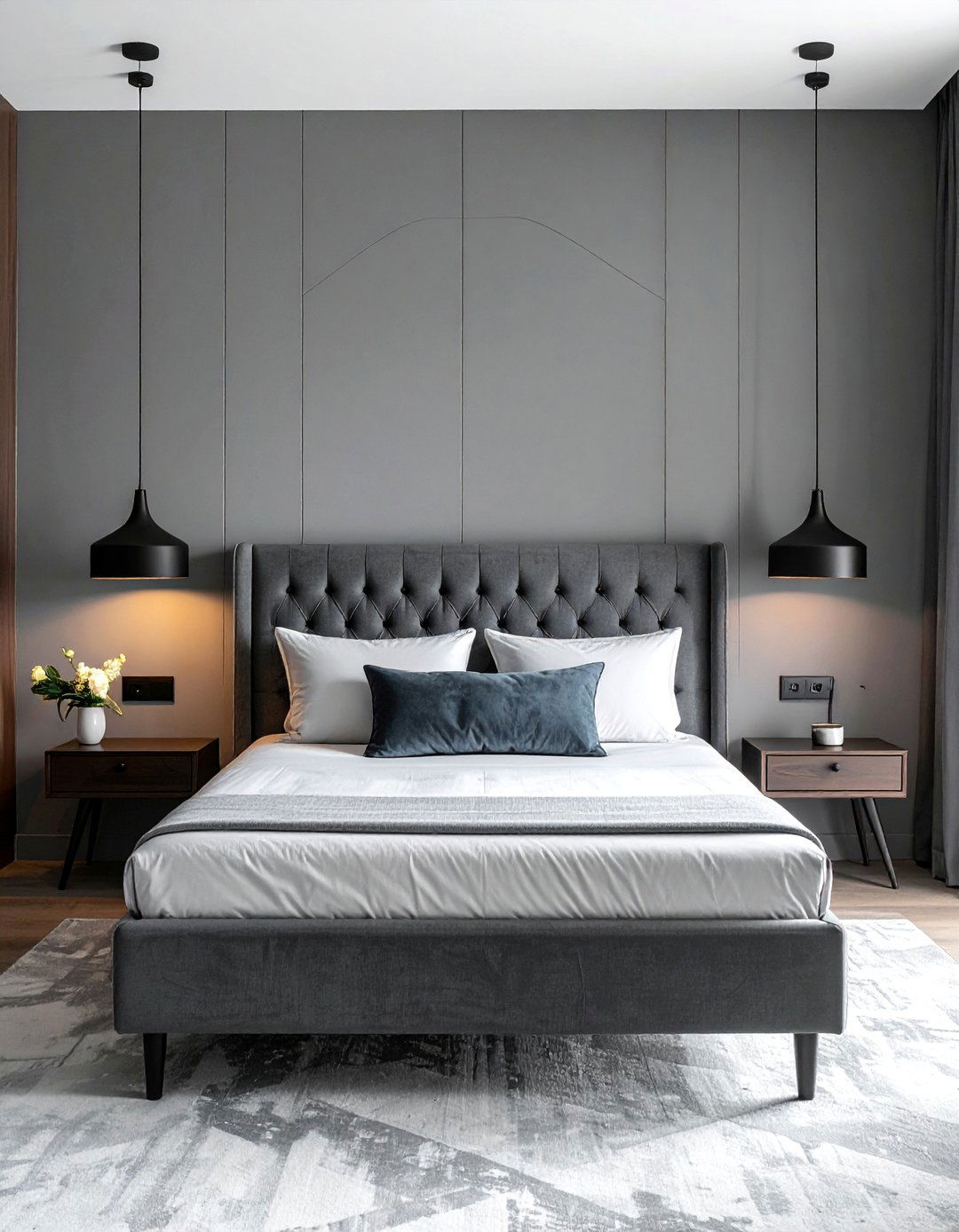 Grey Headboard with Hanging Pendant Lights - 25 Grey Headboard Bedroom Ideas for a Calm Retreat