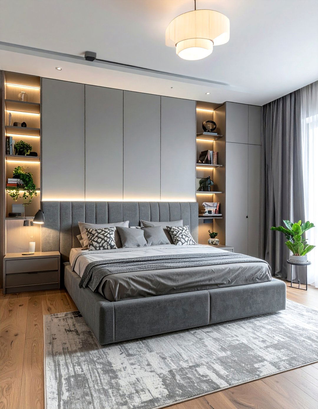 Grey Headboard with Integrated Shelving - 25 Grey Headboard Bedroom Ideas for a Calm Retreat
