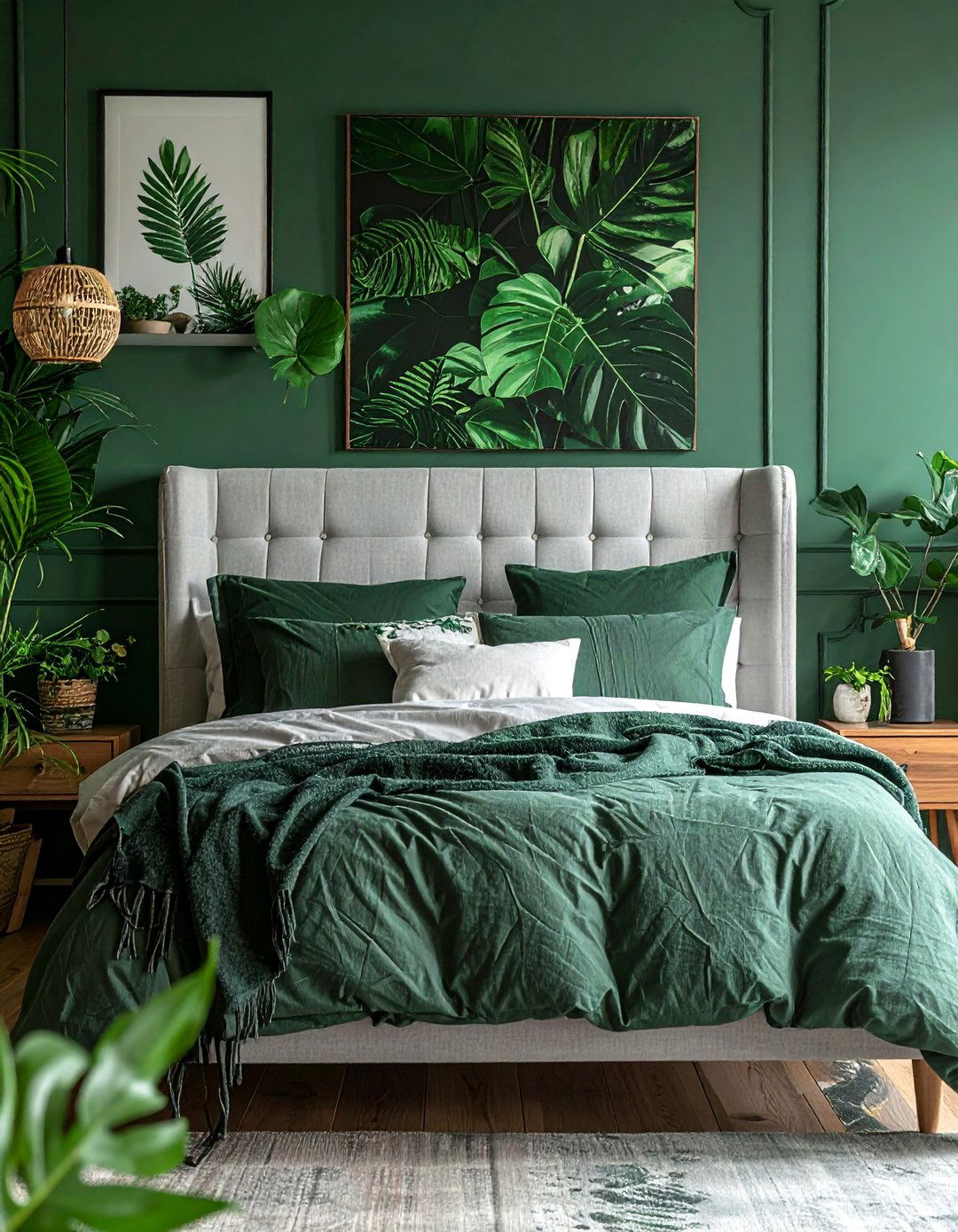 Grey Headboard with a Dark Green Accent Wall - 25 Grey Headboard Bedroom Ideas for a Calm Retreat