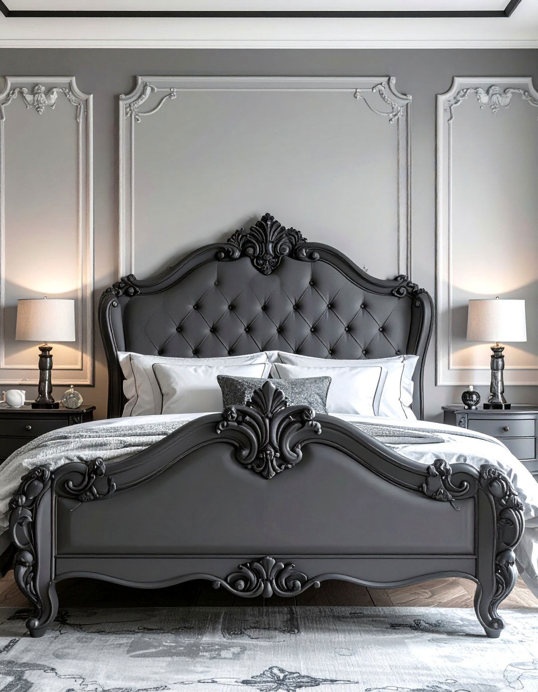 Grey Painted Ornate Vintage Headboard - 25 Grey Headboard Bedroom Ideas for a Calm Retreat