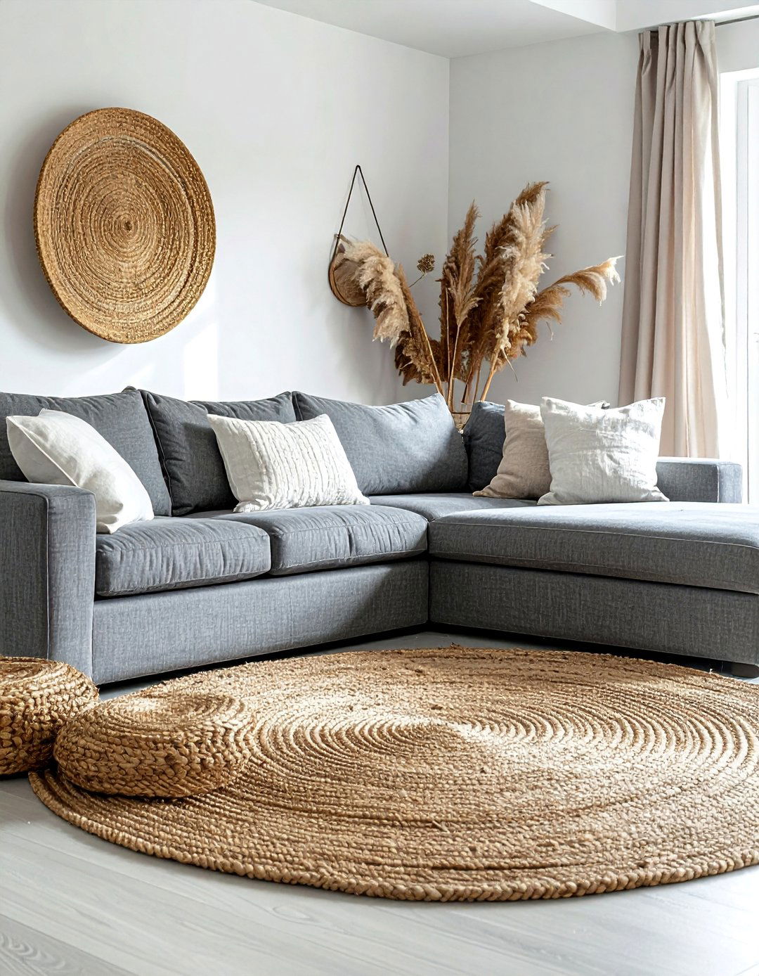Grey Sectional Complemented by a Jute Rug - 15 Grey Sectional Living Room Ideas for Modern Homes