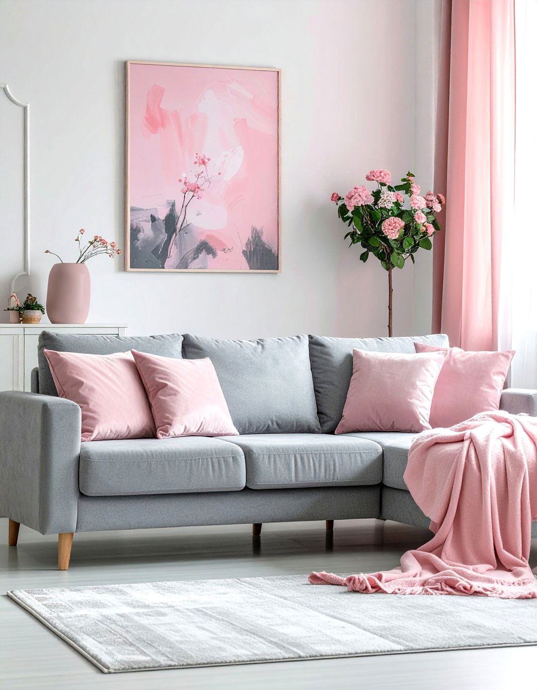 Grey Sectional with Soft Blush Pink Details - 15 Grey Sectional Living Room Ideas for Modern Homes