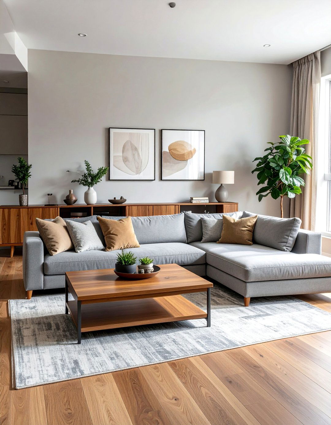 Grey Sectional with Warm Wood Tones - 15 Grey Sectional Living Room Ideas for Modern Homes