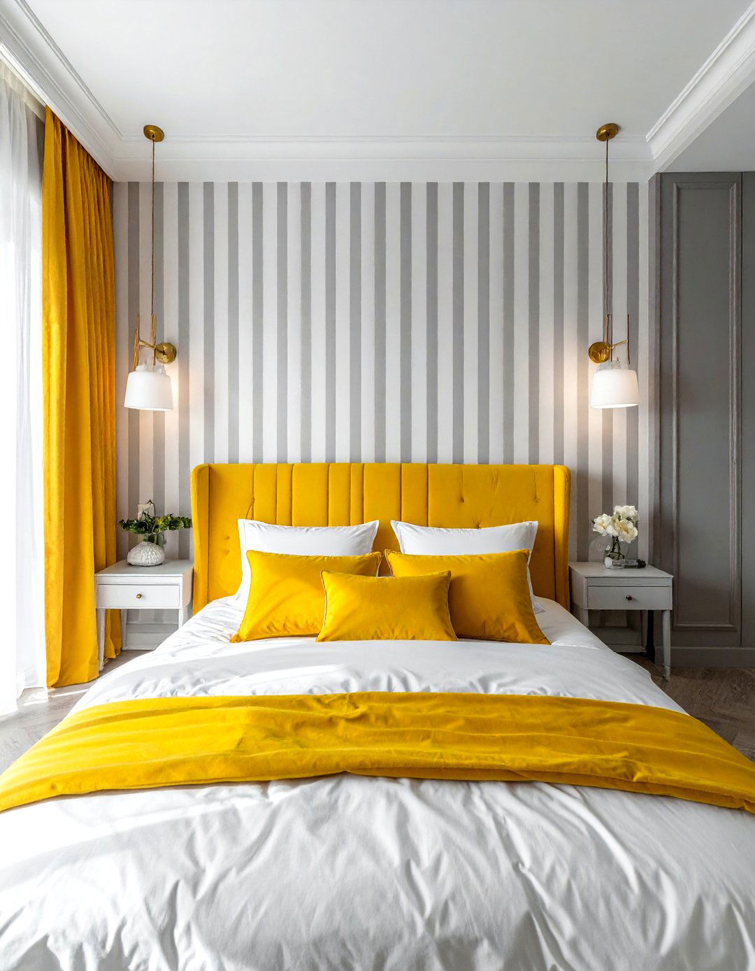 Grey Striped Wallpaper with Yellow Accents - 25 Yellow and Grey Bedroom Ideas for Modern Interiors