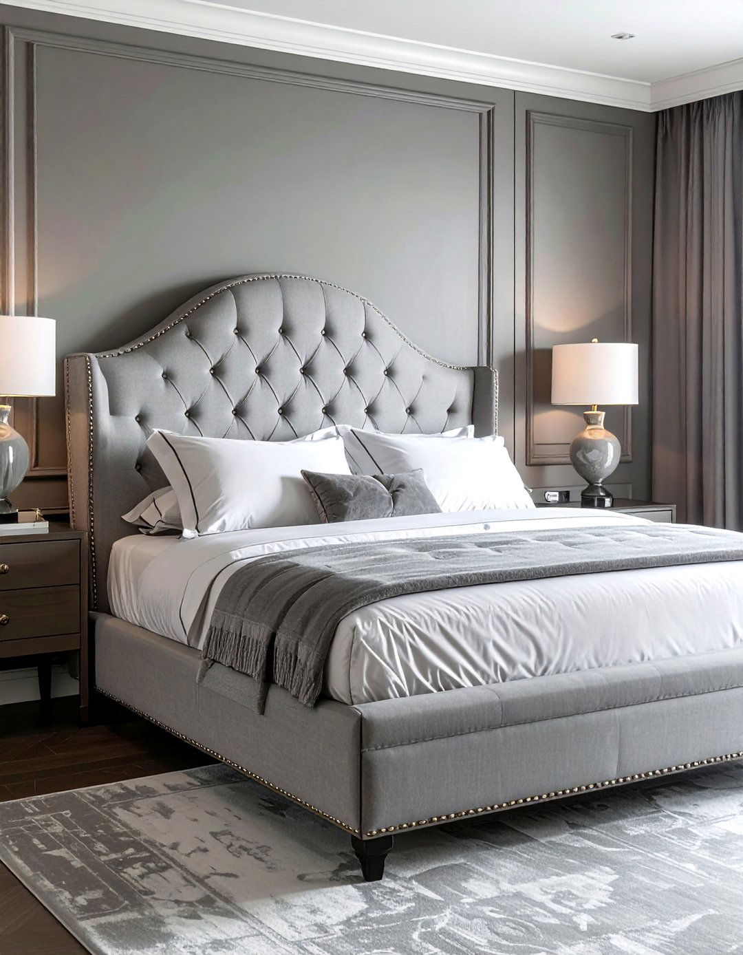 Grey Wingback Headboard with Nailhead Trim - 25 Grey Headboard Bedroom Ideas for a Calm Retreat