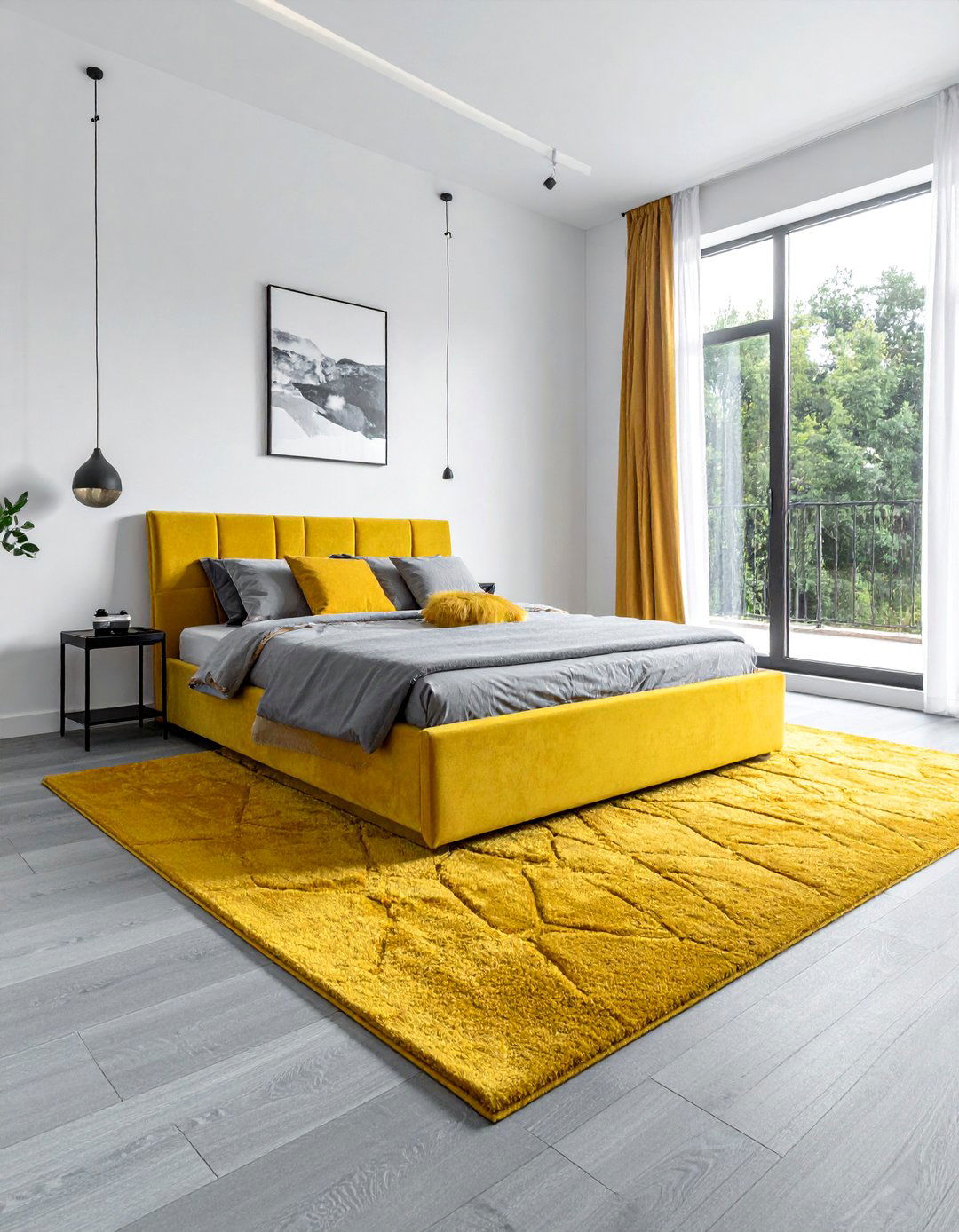 Grey Wood Floors Paired with a Yellow Area Rug - 25 Yellow and Grey Bedroom Ideas for Modern Interiors