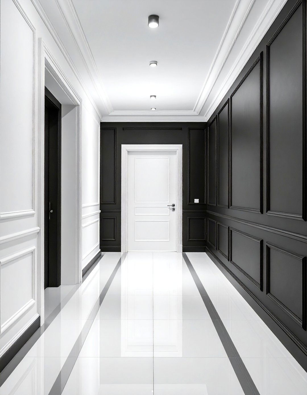 Hallway with White Walls and Black Trim - 20 Black and White Hallway Ideas for a Modern Look