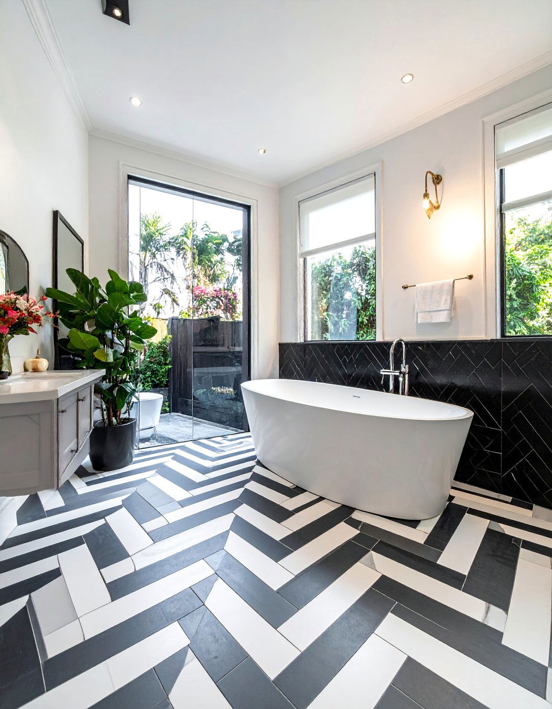 Herringbone Pattern Black and White Bathroom Tile - 20 Black and White Bathroom Tile Ideas for a Sleek Look