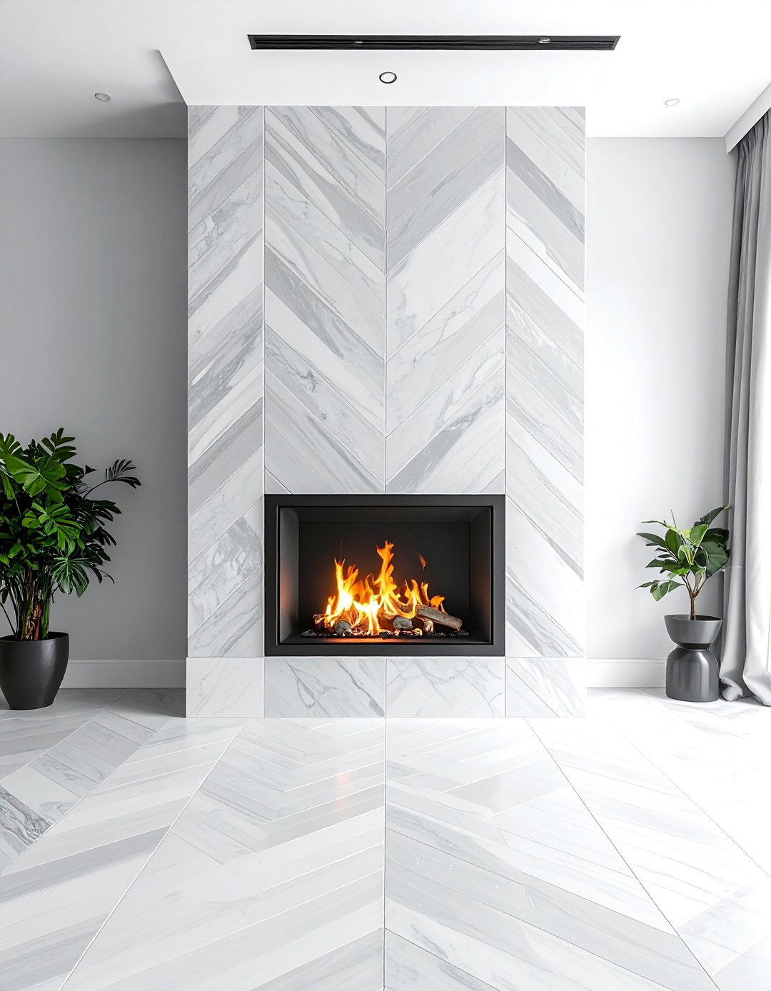 Herringbone Pattern Floor to Ceiling Stone Fireplace - 20 Floor-to-Ceiling Stone Fireplace Ideas for a Stunning Focal Point