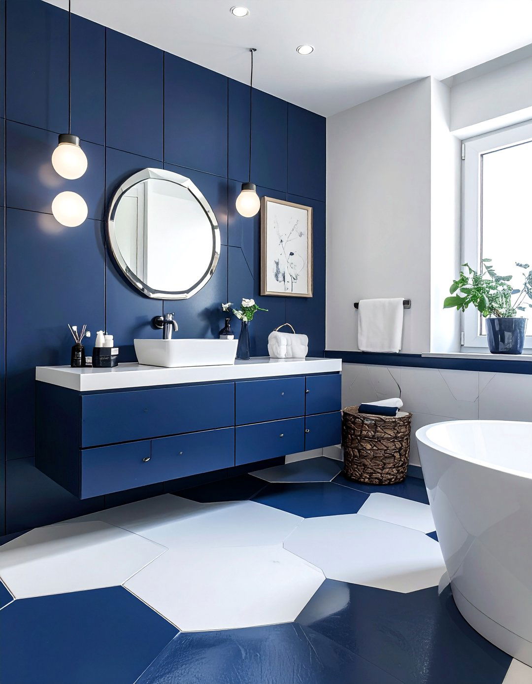 Hexagon Floor Tile Design - 15 Navy Blue Powder Room Ideas for a Chic Space