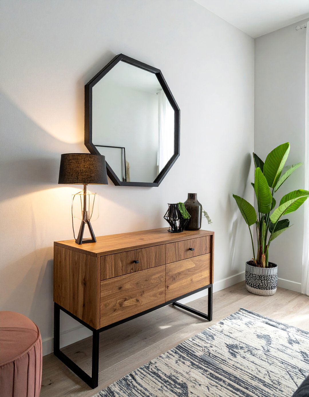 Hexagonal Mirror Geometric Impact - 15 Mirror Behind Nightstand Design Ideas for Style