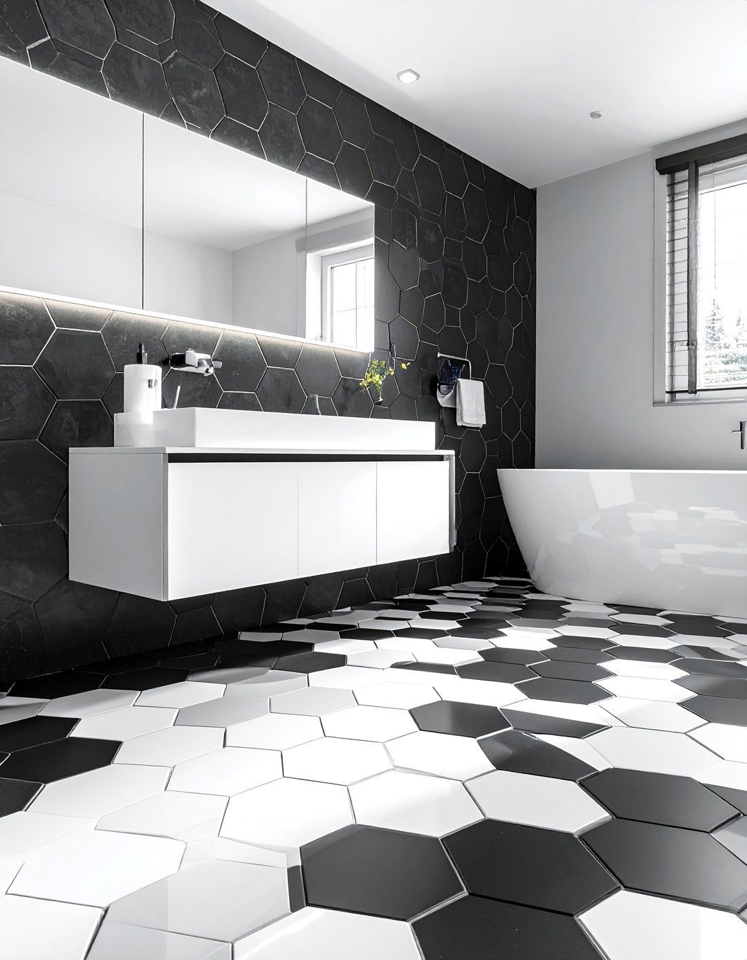Hexagonal Mosaic Black and White Bathroom Tile - 20 Black and White Bathroom Tile Ideas for a Sleek Look