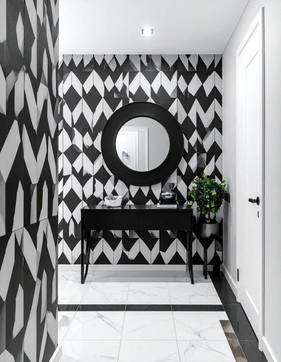 High Contrast Geometric Wallpaper - 20 Black and White Hallway Ideas for a Modern Look