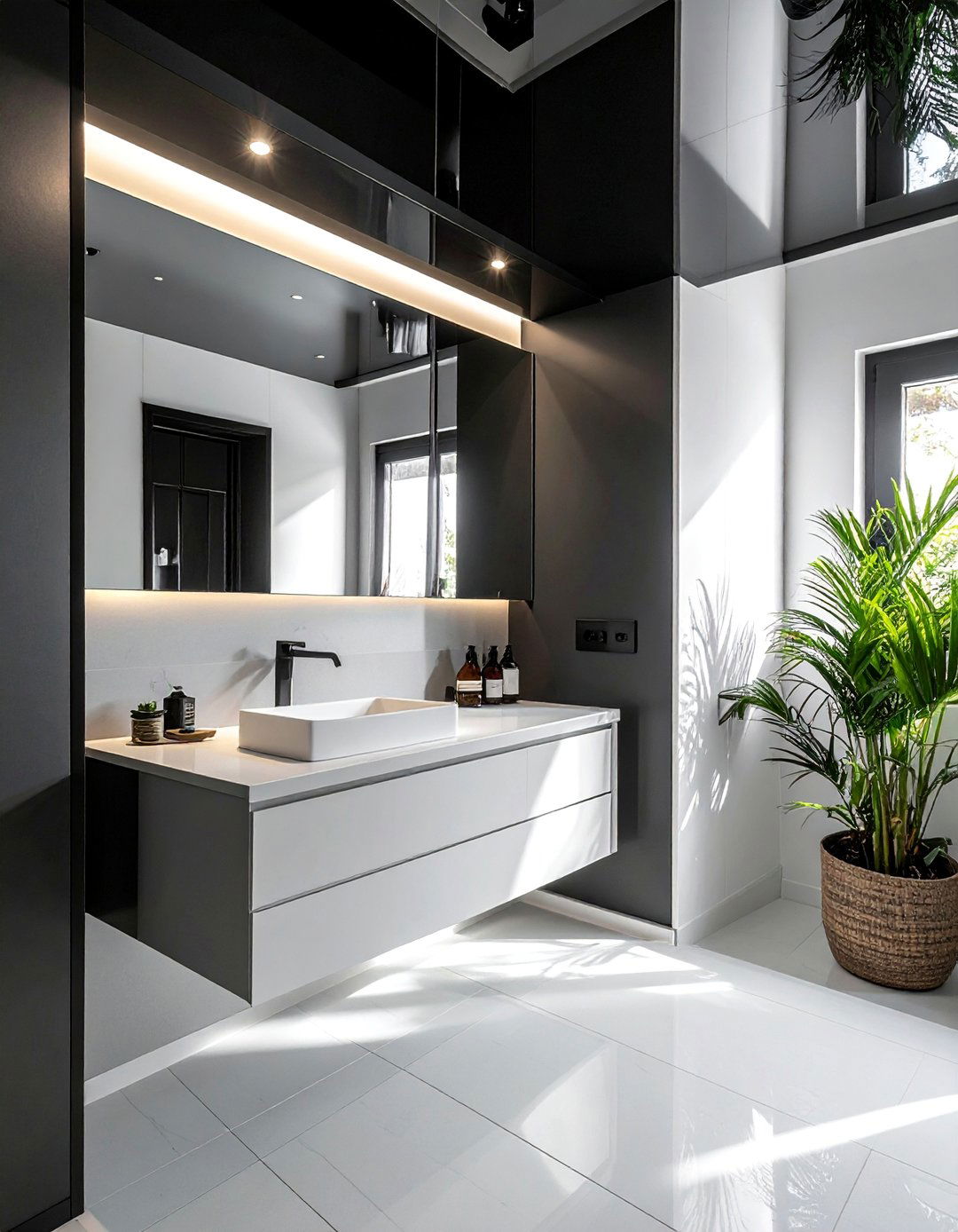 High Gloss Black Ceiling with White Walls - 20 Black and White Powder Room Ideas for Modern Homes