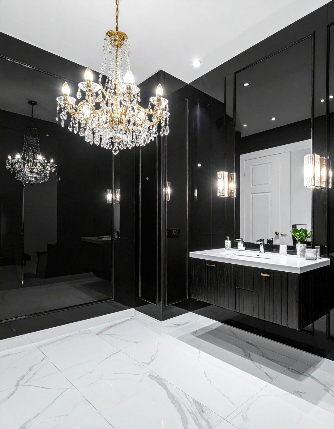 High Gloss Black Powder Room with Crystal Lighting - 25 Black Powder Room Ideas for a Bold Statement