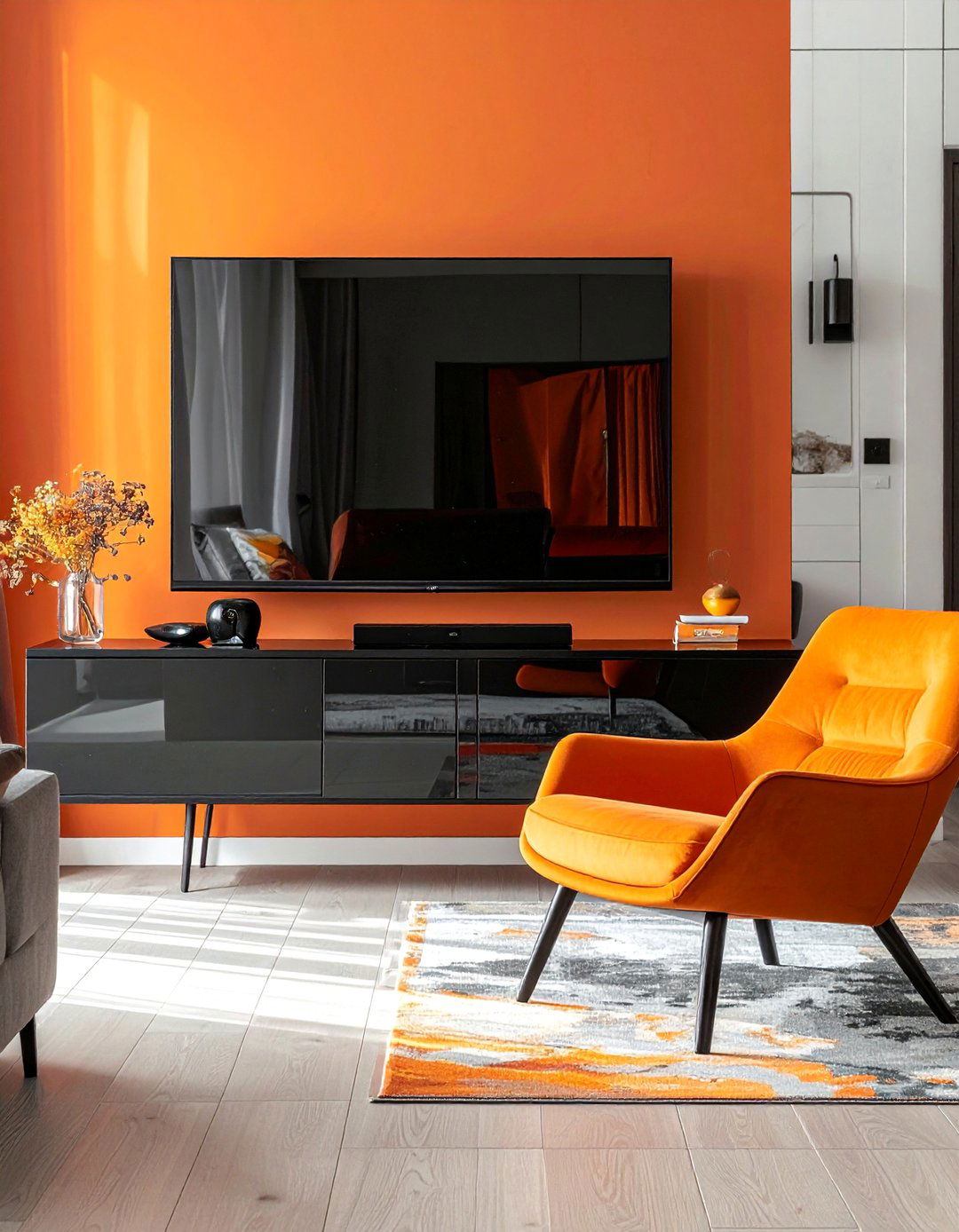 High Gloss Black Surfaces in a Black and Orange Living Room - 20 Black and Orange Living Room Ideas for Bold Interiors