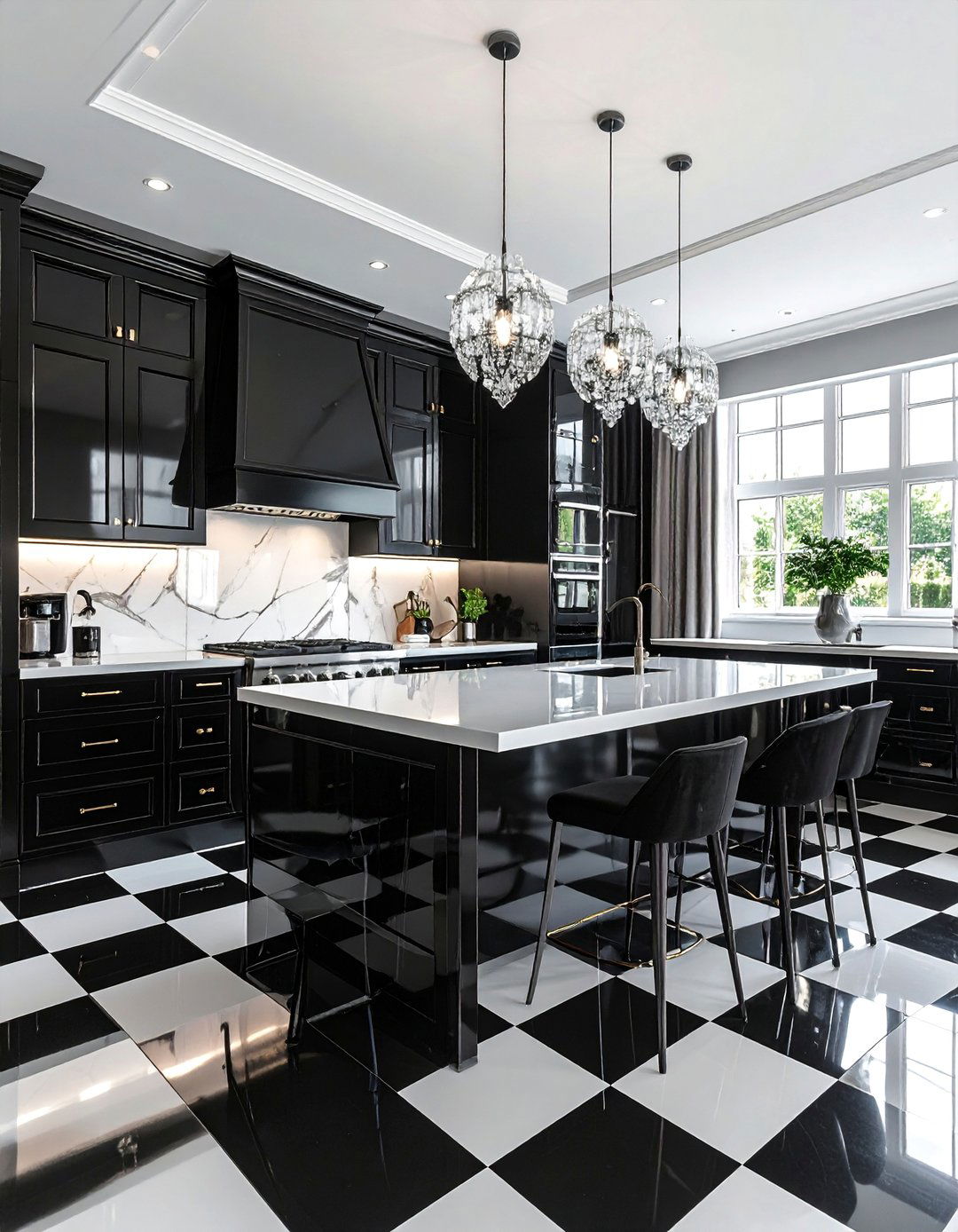 High Gloss Black and White Lacquered Checkered Floors - 25 Kitchens With Checkered Floors for Timeless Style