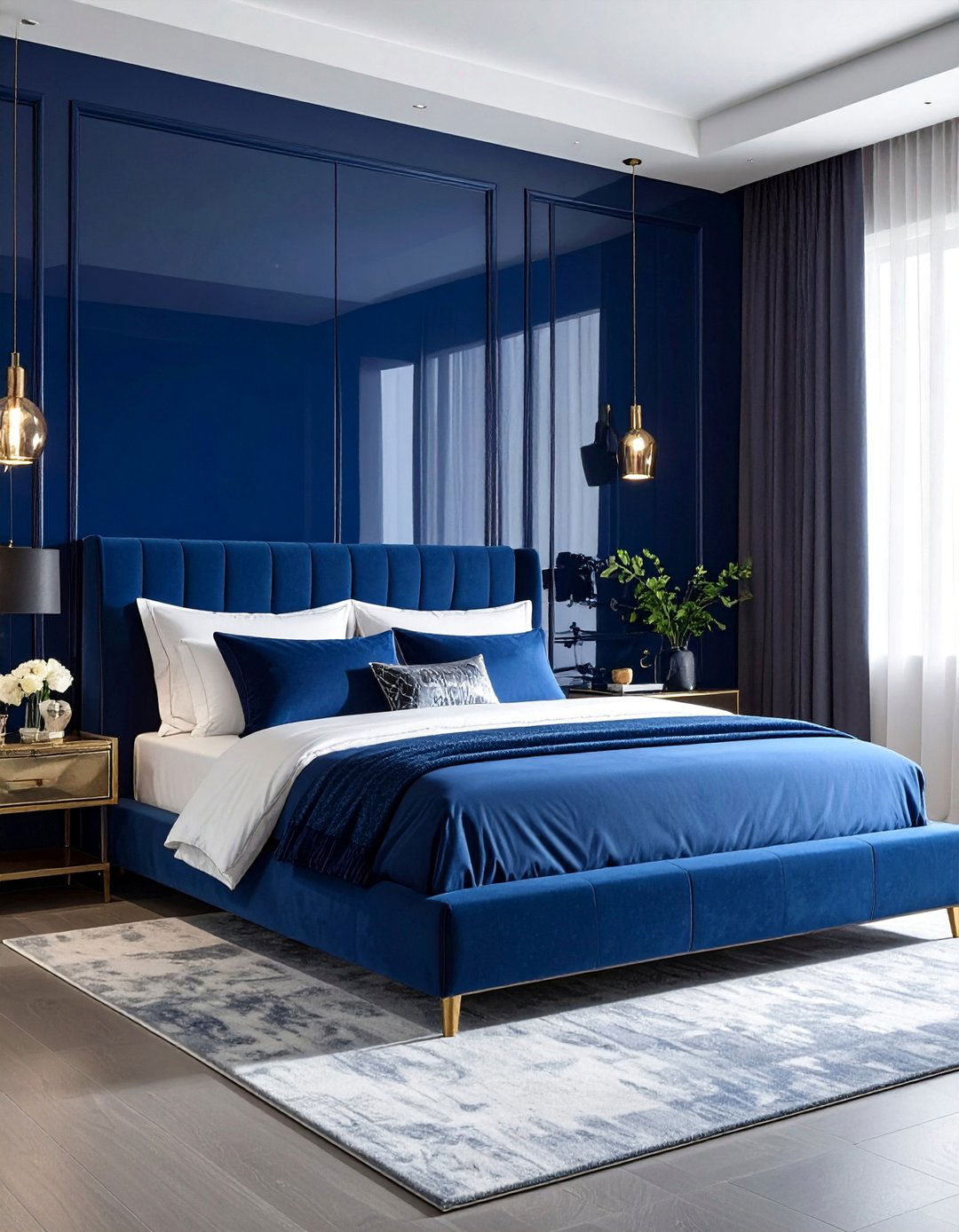High Gloss Blue Lacquered Walls - 25 Luxury Blue Bedroom Ideas for a Serene Retreat