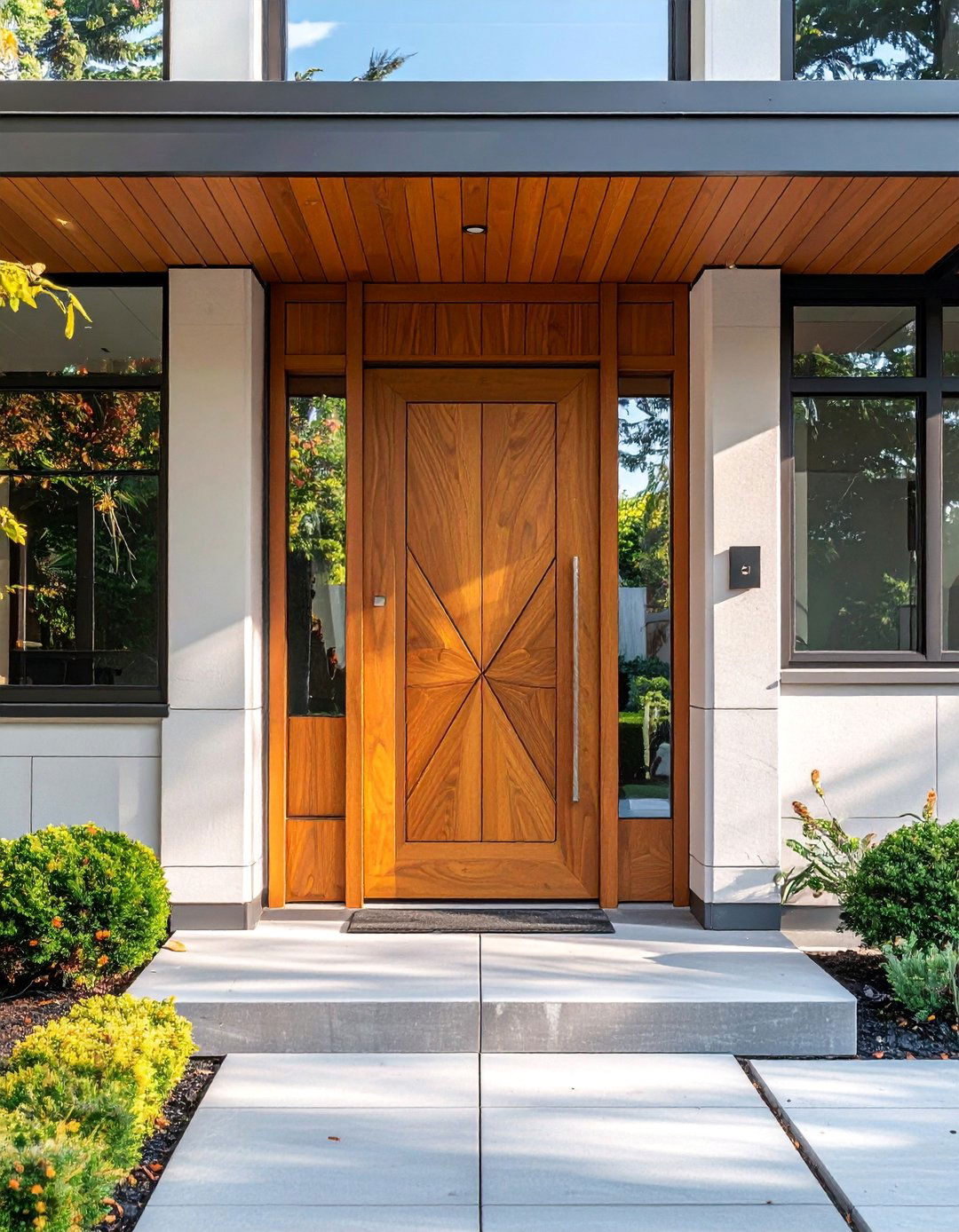 Honey Maple Stained Front Door with Geometric Panels - 25 Elegant Stained Front Door Ideas for Curb Appeal