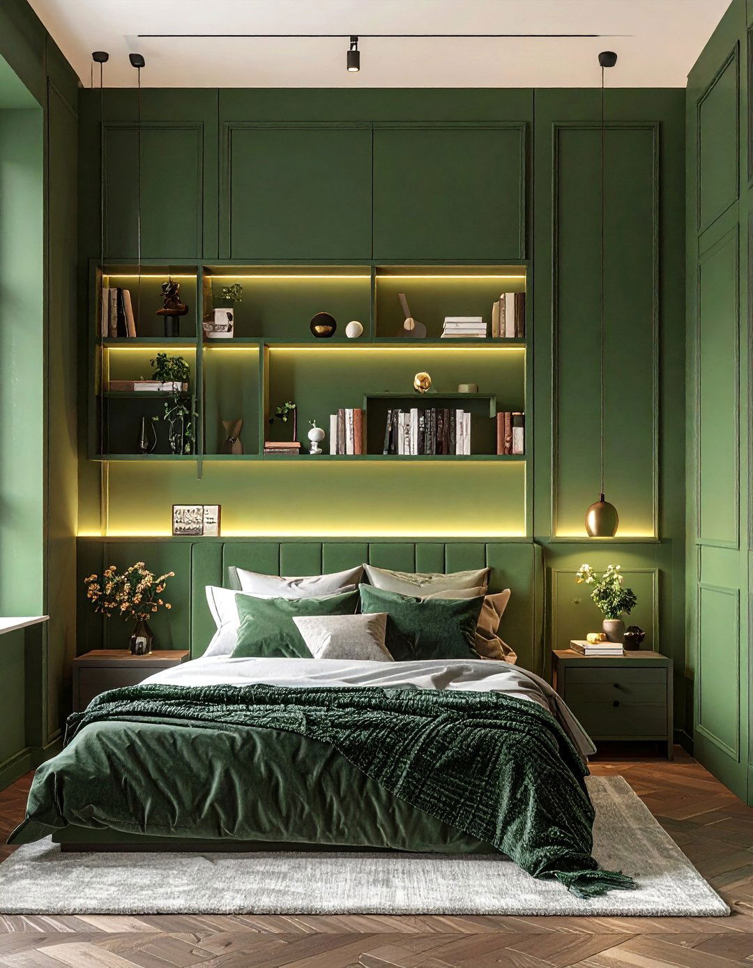 Hunter Green Panelling with Integrated Shelving - 20 Green Panelling Bedroom Ideas for a Fresh Look