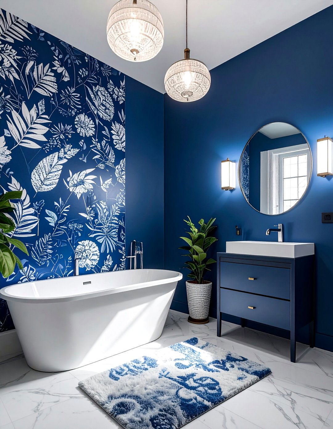 Indigo Blue Powder Room with Patterned Wallpaper - 20 Blue Powder Room Ideas for a Fresh and Serene Space