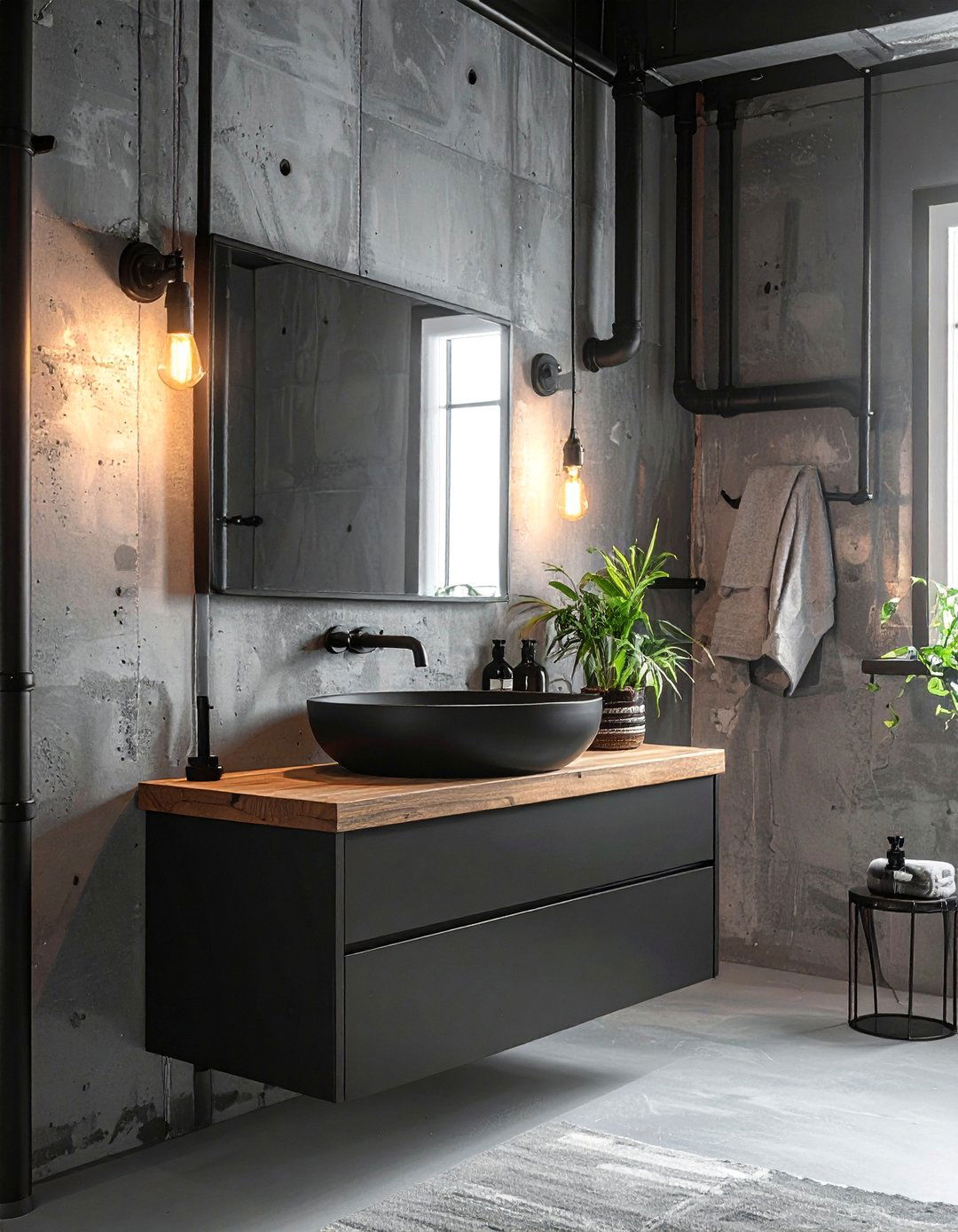 Industrial Bathroom With Black Exposed Pipe Fixtures - 15 Bathroom With Black Fixtures for a Bold Statement