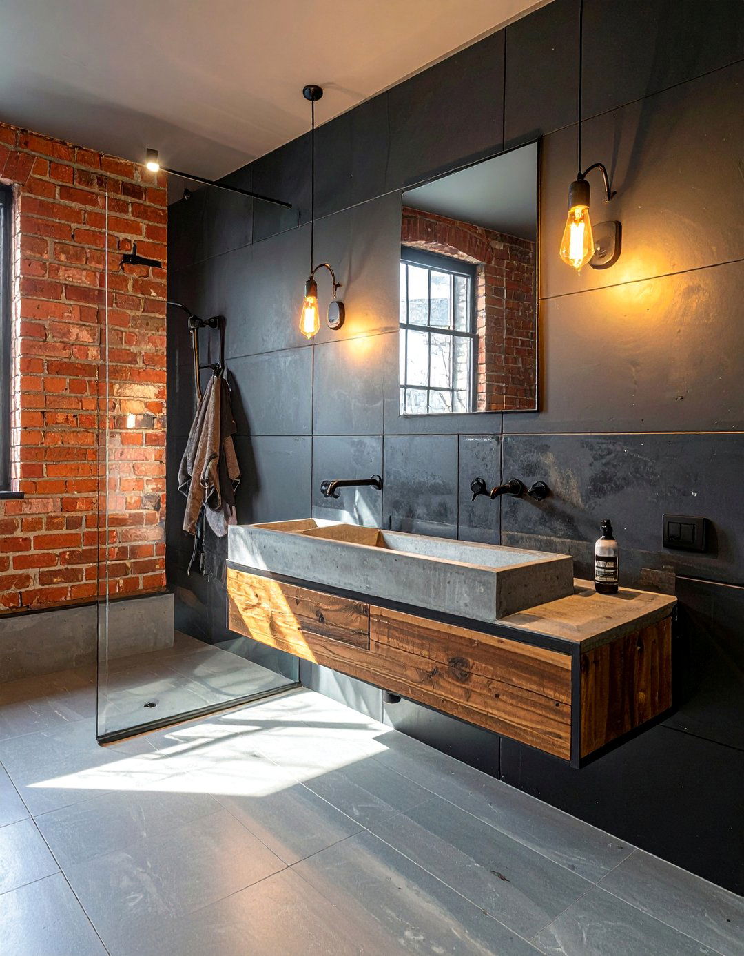 Industrial Black Powder Room with Exposed Brick - 25 Black Powder Room Ideas for a Bold Statement
