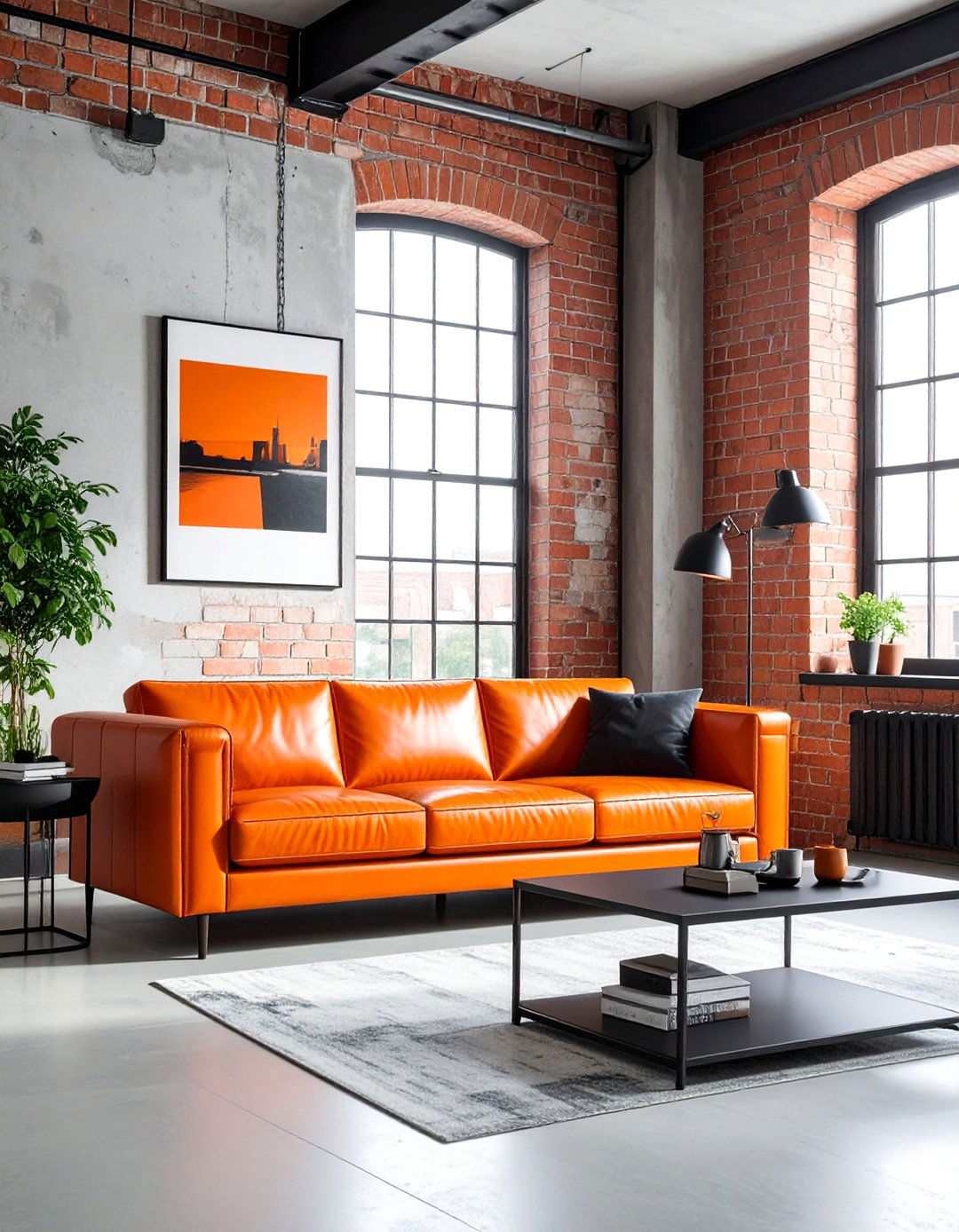 Industrial Black and Orange Living Room with Exposed Brick - 20 Black and Orange Living Room Ideas for Bold Interiors