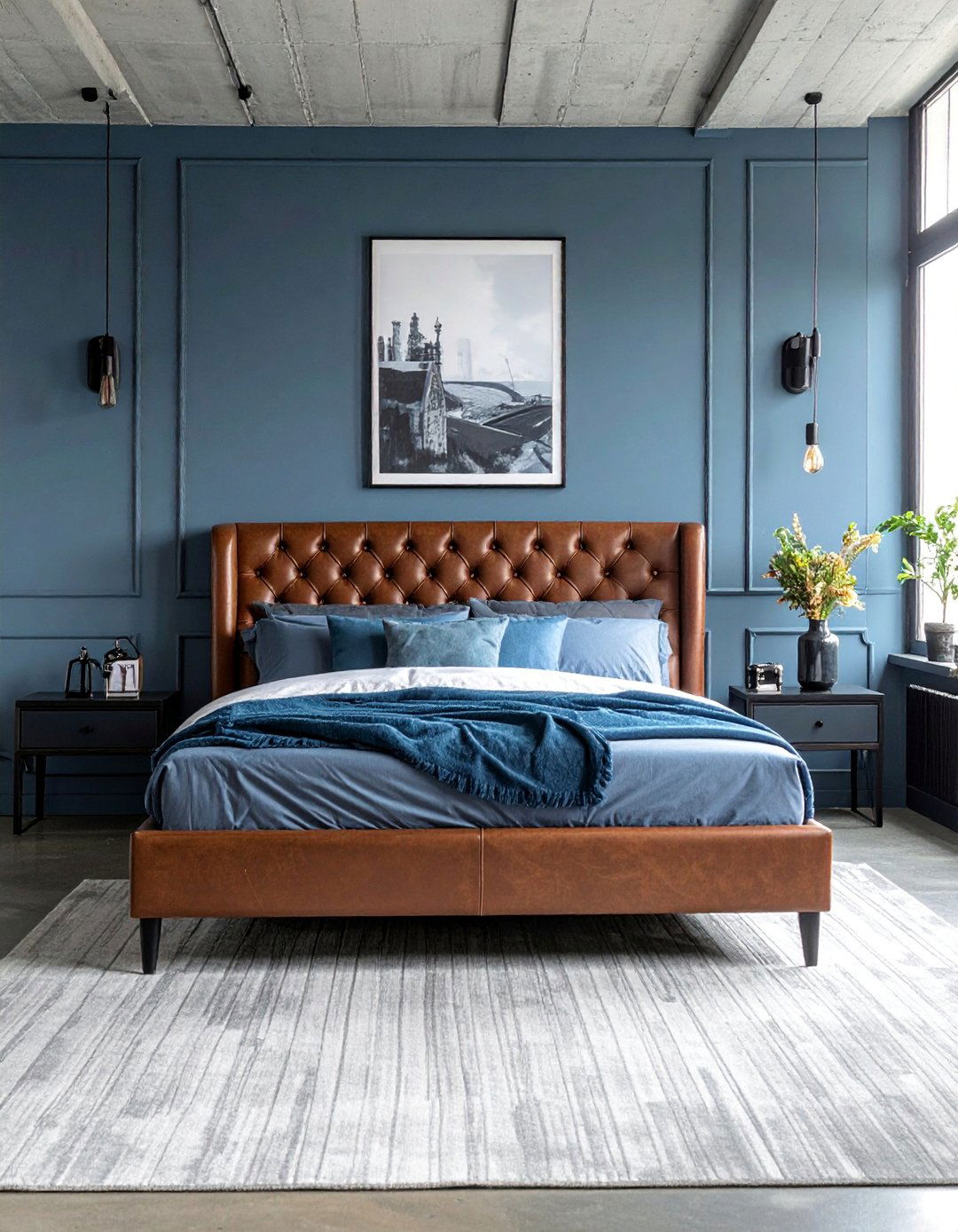 Industrial Denim Blue and Leather Accents - 25 Luxury Blue Bedroom Ideas for a Serene Retreat