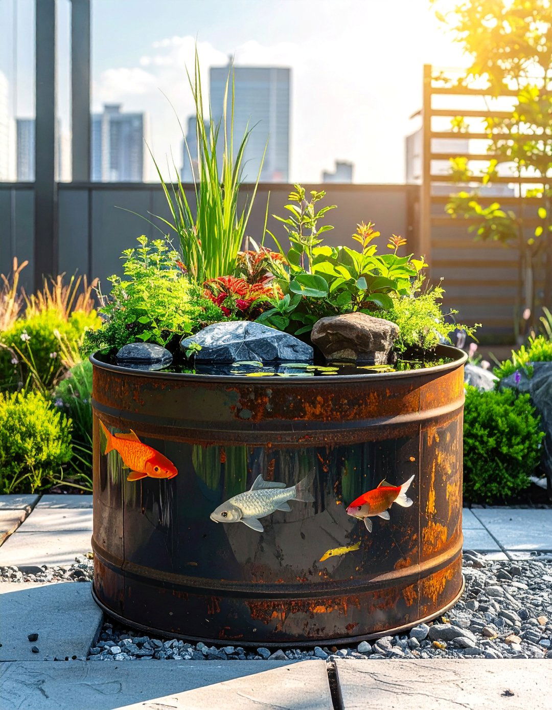 Industrial Drum Fish Pond - 15 Container Fish Pond Ideas for a Beautiful Outdoor Space