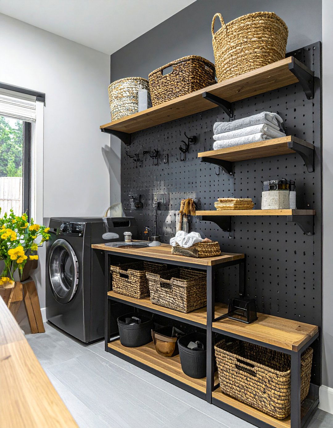 Industrial Pegboard Organization System - 15 Smart Small Laundry Room Ideas with Top Load Washer