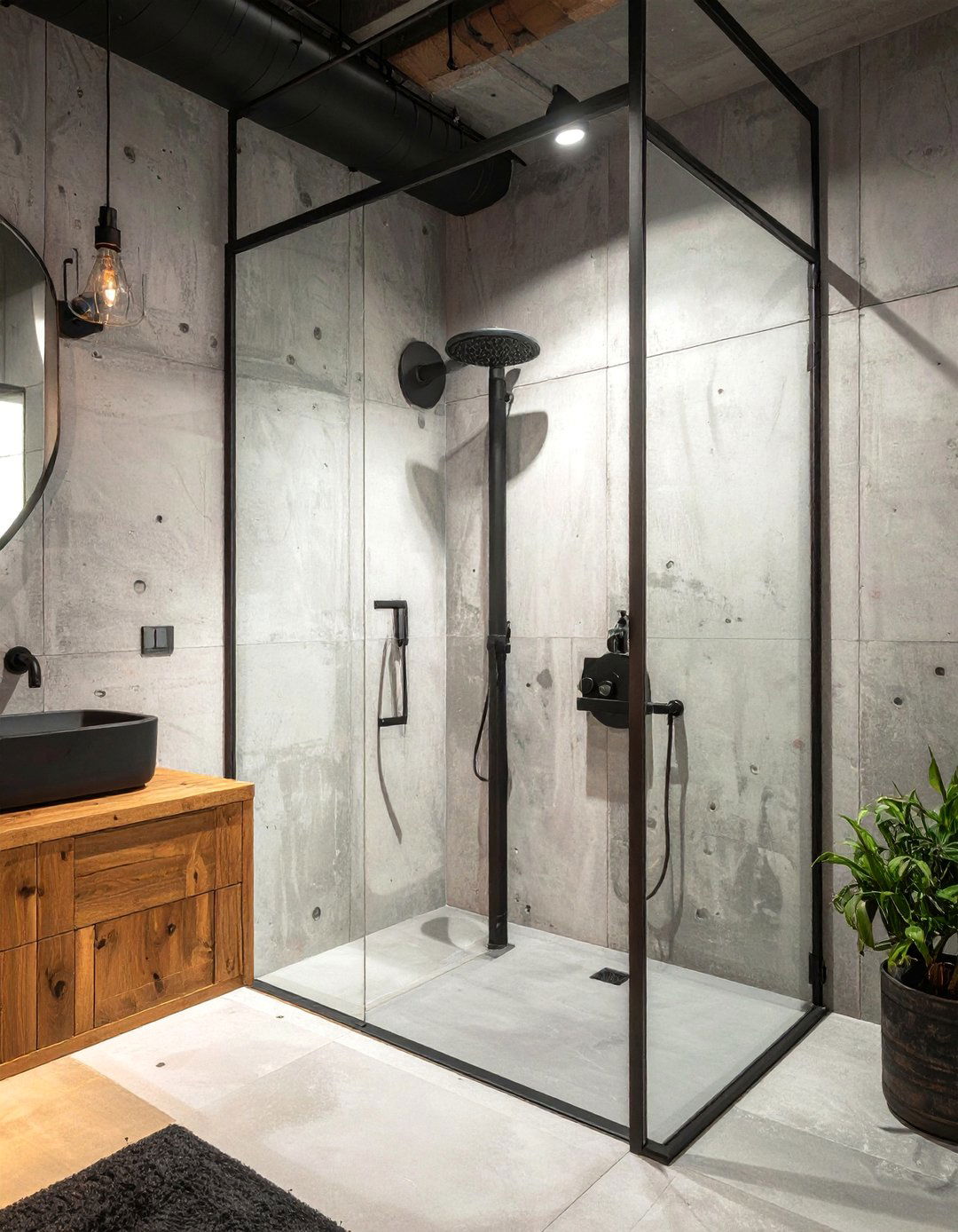 Industrial Rustic Walk in Shower with Metal Accents - 25 Rustic Walk-in Shower Ideas for a Cozy Bathroom