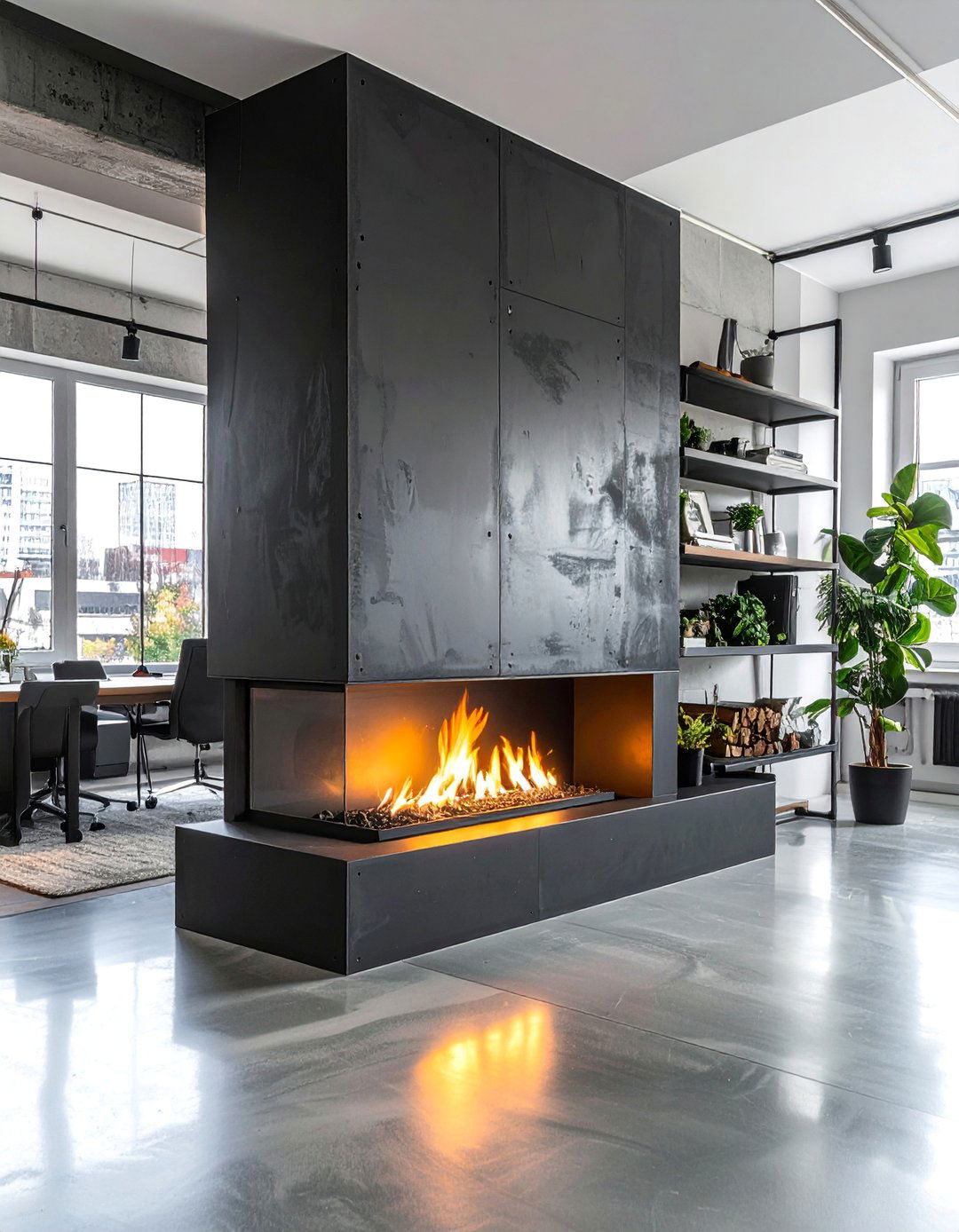 Industrial Steel Linear Fireplace - 15 Home Offices With Fireplaces for Cozy Workspaces