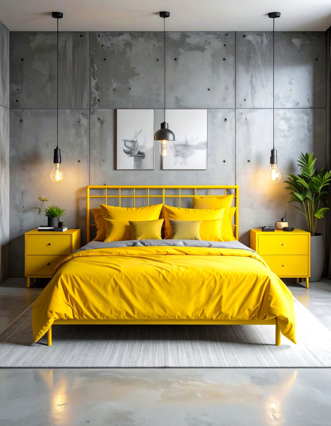 Industrial Style Grey Concrete Walls with Yellow Metal Furniture - 25 Yellow and Grey Bedroom Ideas for Modern Interiors
