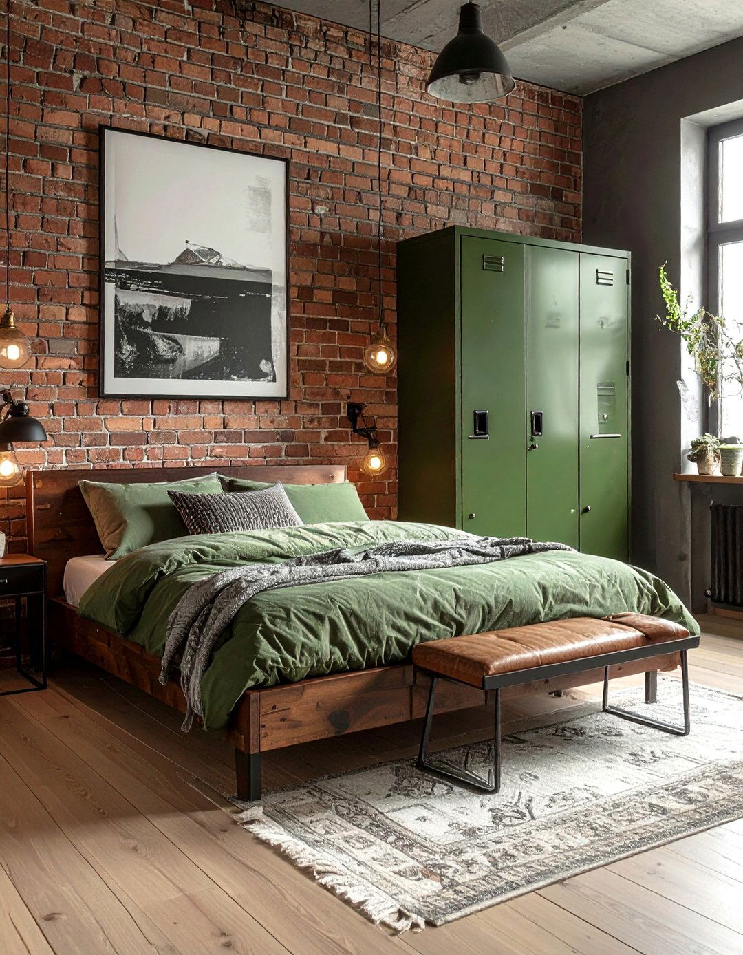 Industrial Style with Exposed Brown Brick and Army Green - 20 Green and Brown Bedroom Ideas for a Natural Look