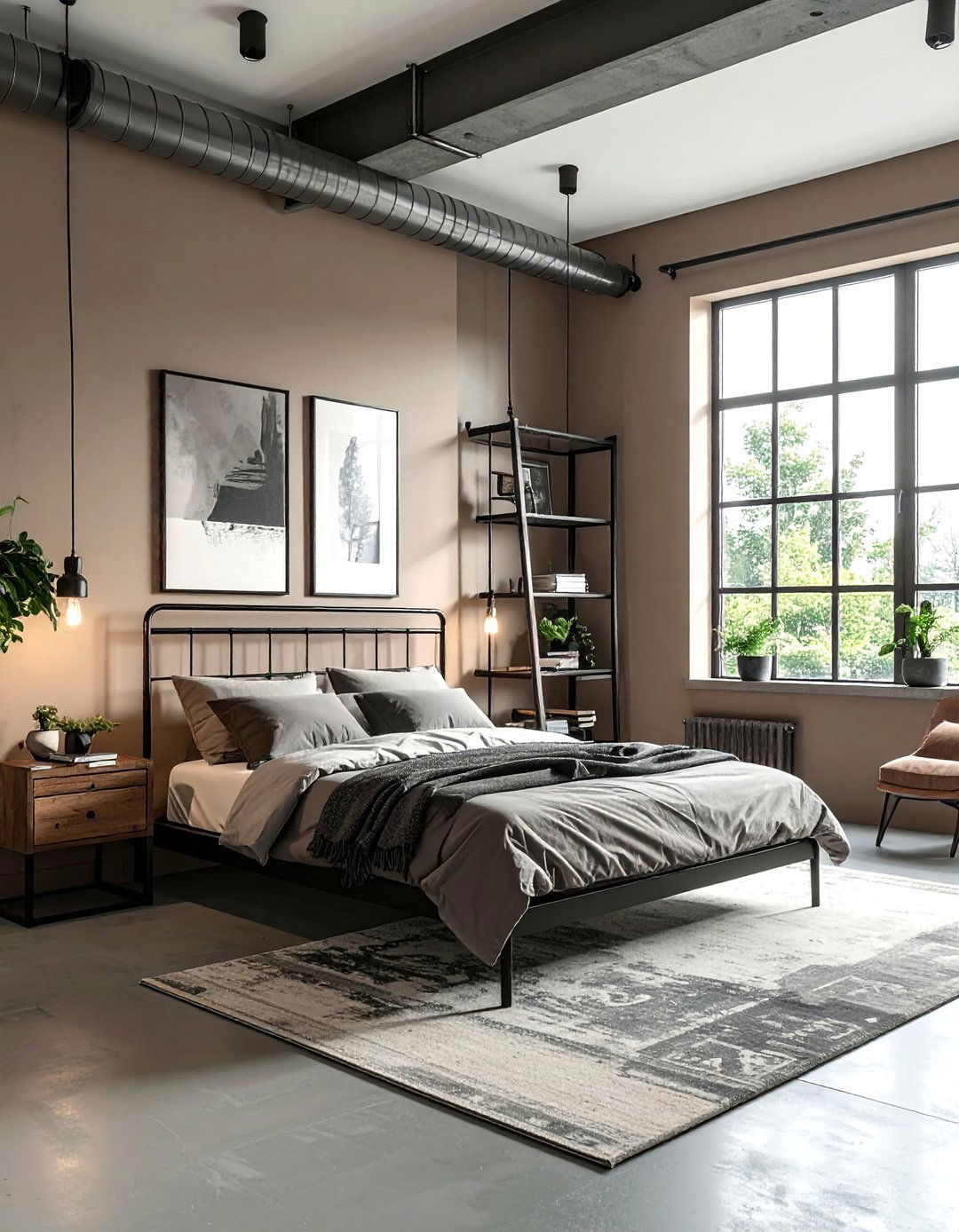 Industrial Taupe Bedroom with Metal Details - 20 Taupe Bedroom Ideas for a Calming and Cozy Retreat