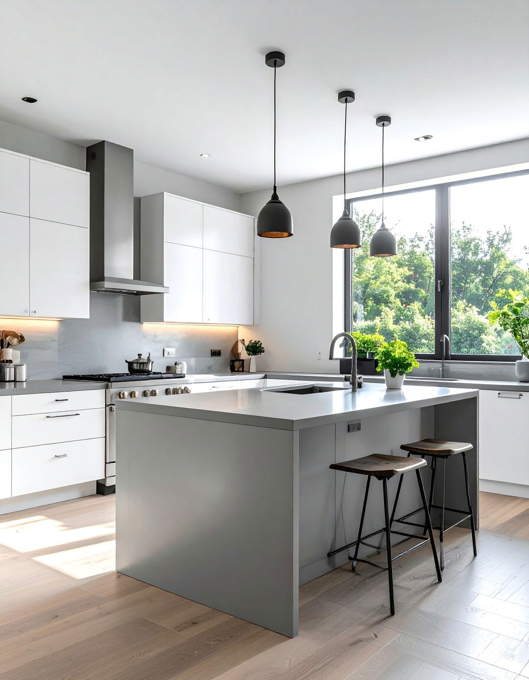 Industrial White Cabinets With a Steel Grey Island - 15 White Kitchen Cabinets With Grey Island Ideas
