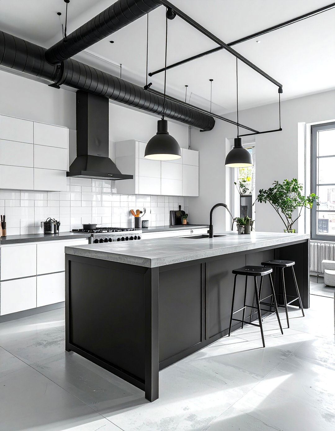 Industrial White Kitchen With A Black Island - 20 White Kitchen Ideas With Black Island for Contrast