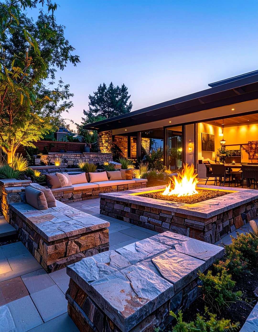 Irregular Flagstone with Built in Seating Walls - 25 Stone Patio with Fire Pit Ideas for Outdoor Fun