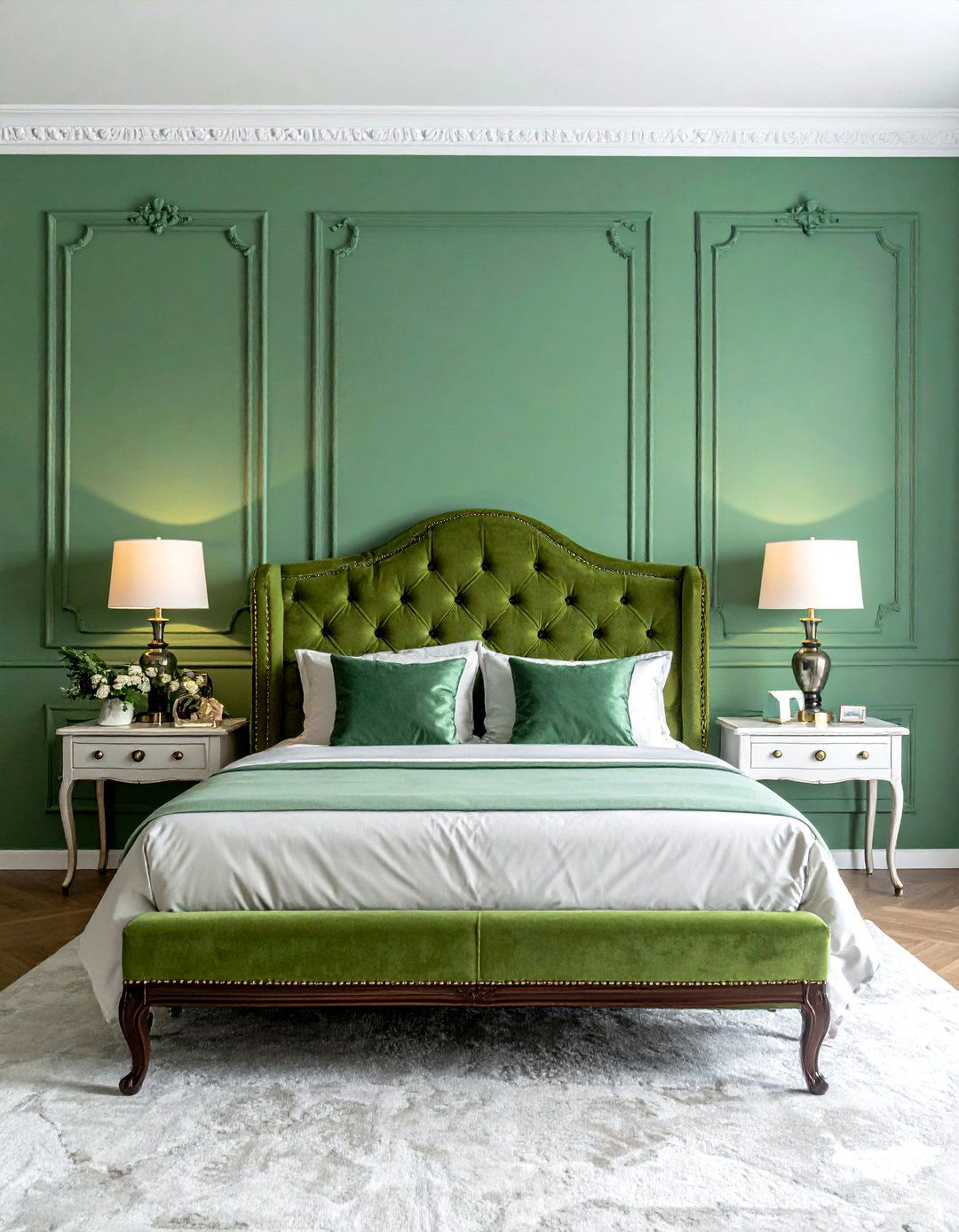 Jade Green Panelling in a Picture Frame Moulding Style - 20 Green Panelling Bedroom Ideas for a Fresh Look