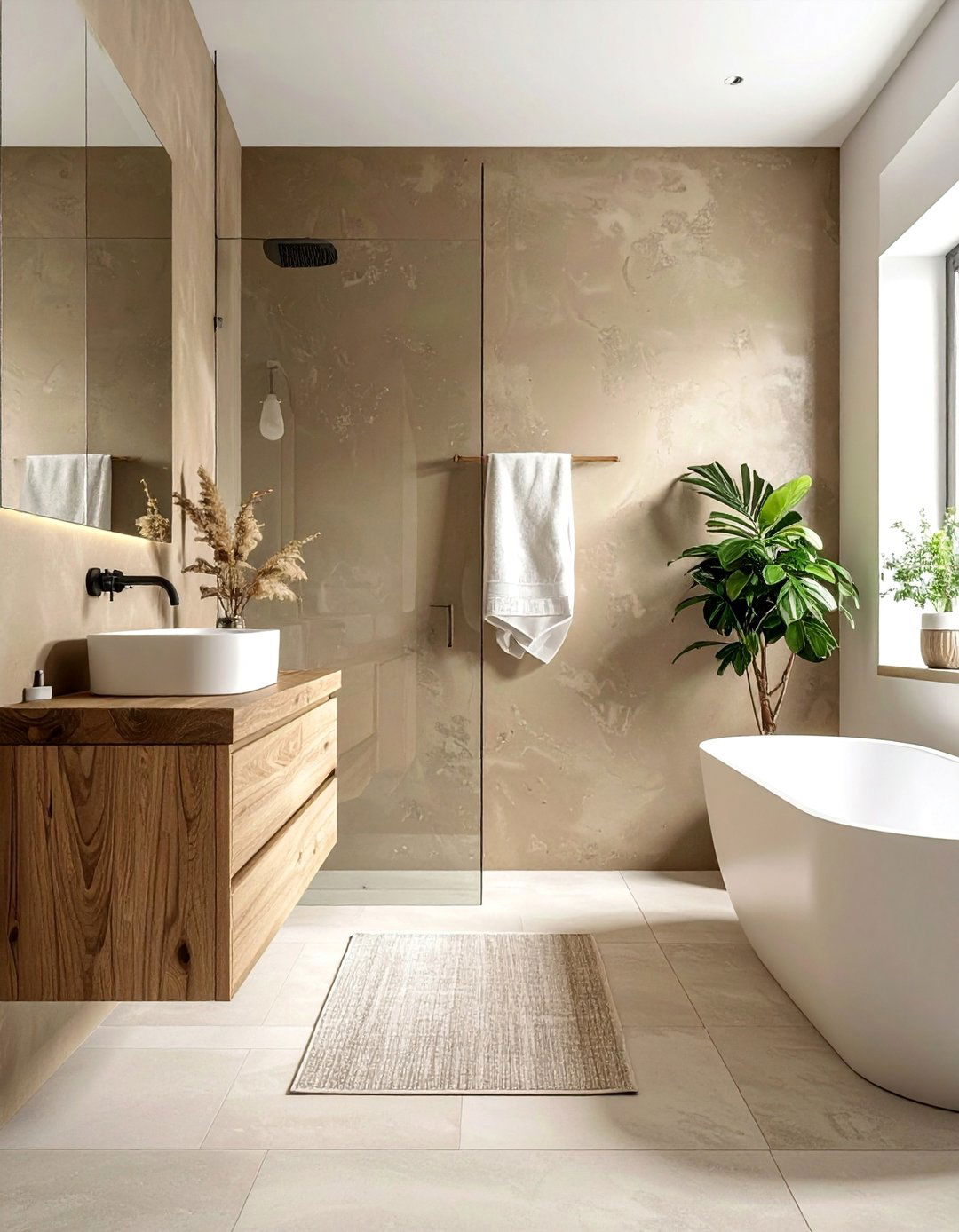 Japandi Bathroom with Clay Plaster Wall Finish - 40 Japandi Bathroom Ideas for Minimalist Style