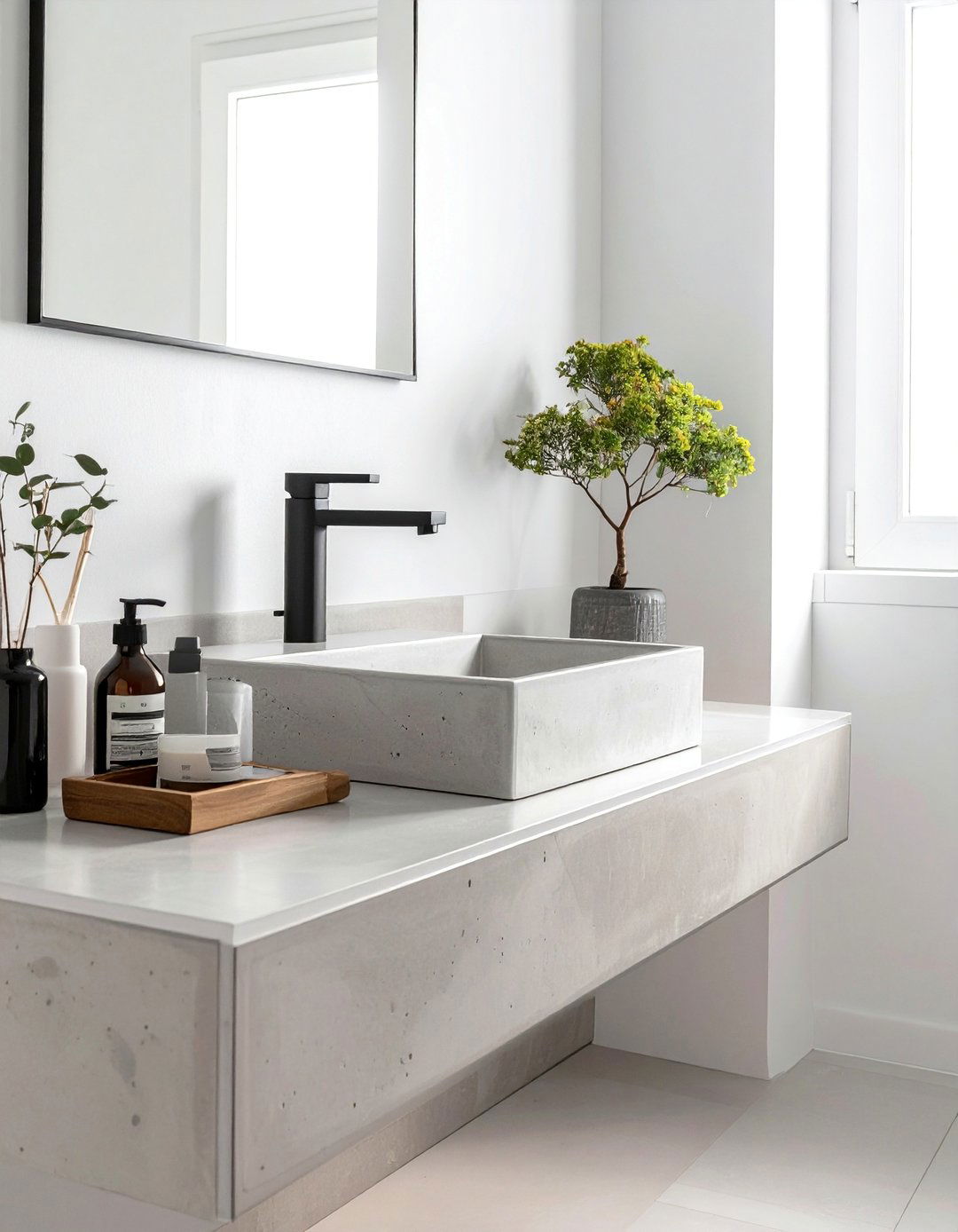 Japandi Bathroom with Concrete Countertops - 40 Japandi Bathroom Ideas for Minimalist Style