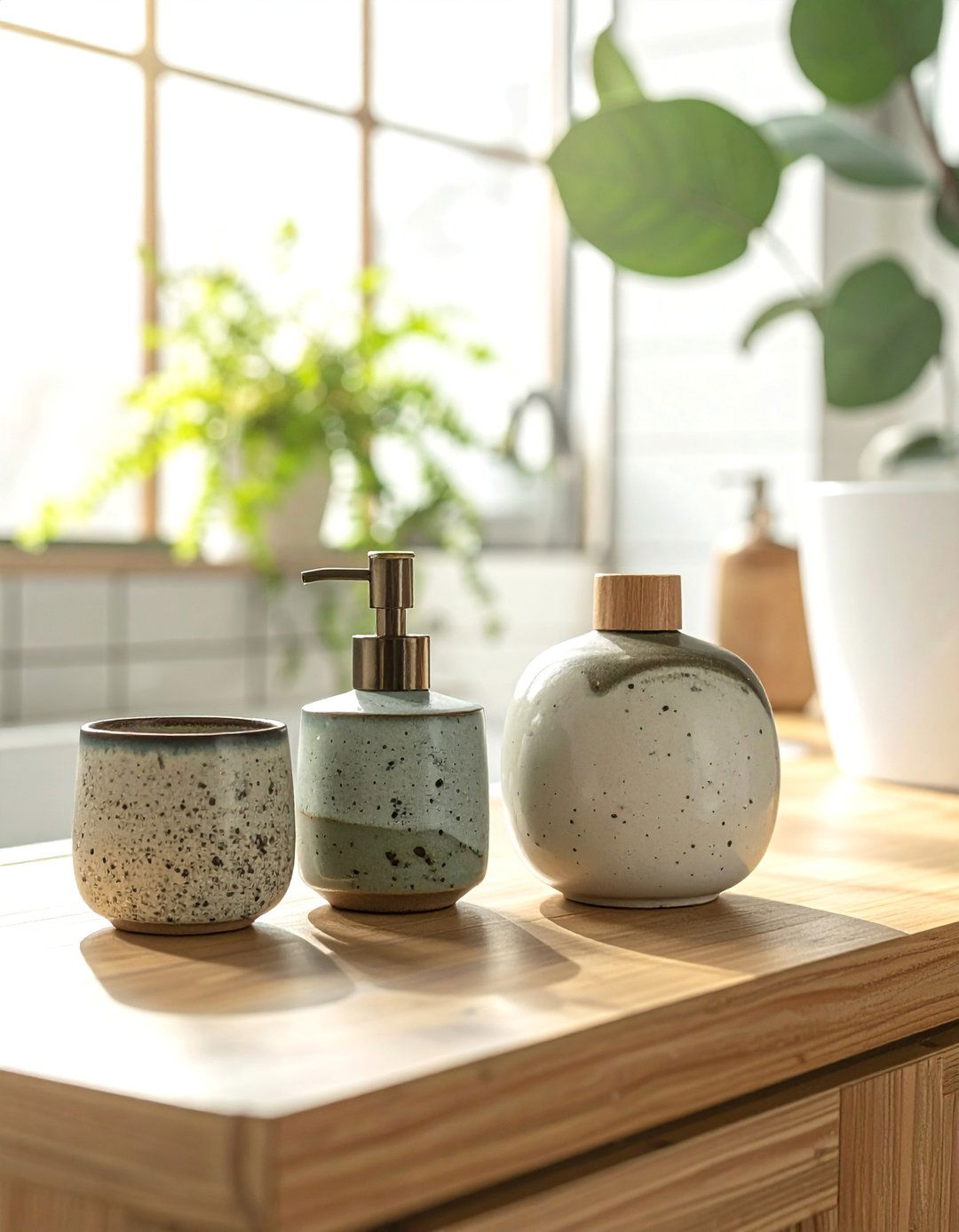 Japandi Bathroom with Handmade Ceramic Accessories - 40 Japandi Bathroom Ideas for Minimalist Style