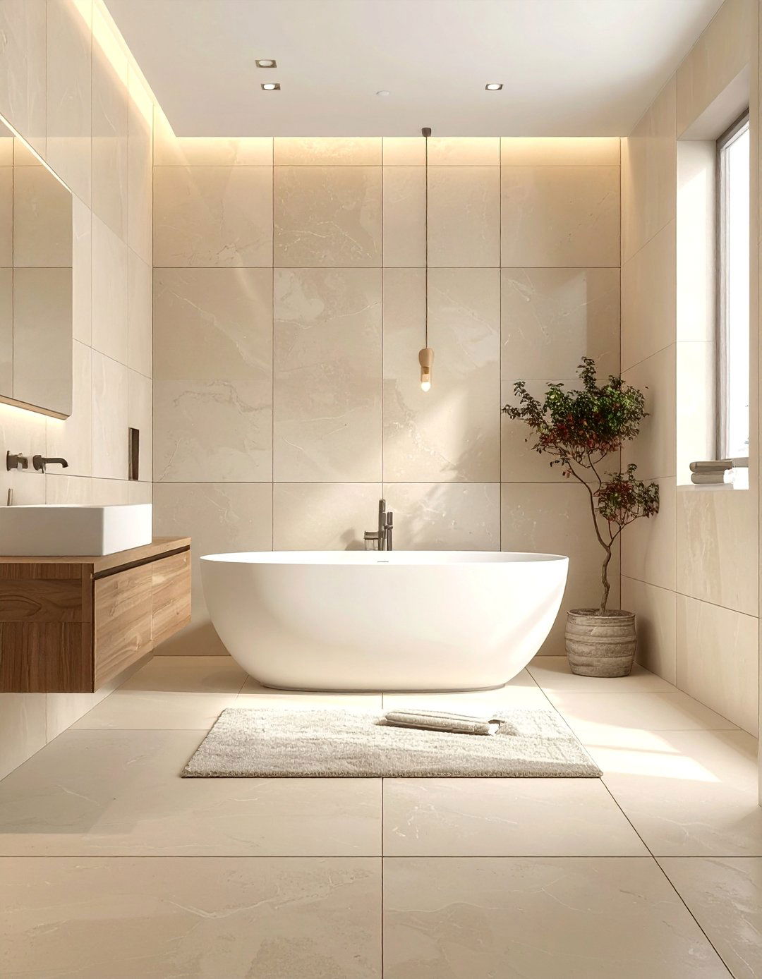 Japandi Bathroom with Large Format Wall Tiles - 40 Japandi Bathroom Ideas for Minimalist Style