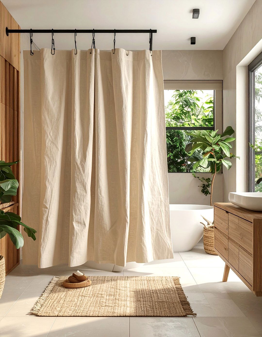 Japandi Bathroom with Natural Linen Shower Curtains - 40 Japandi Bathroom Ideas for Minimalist Style