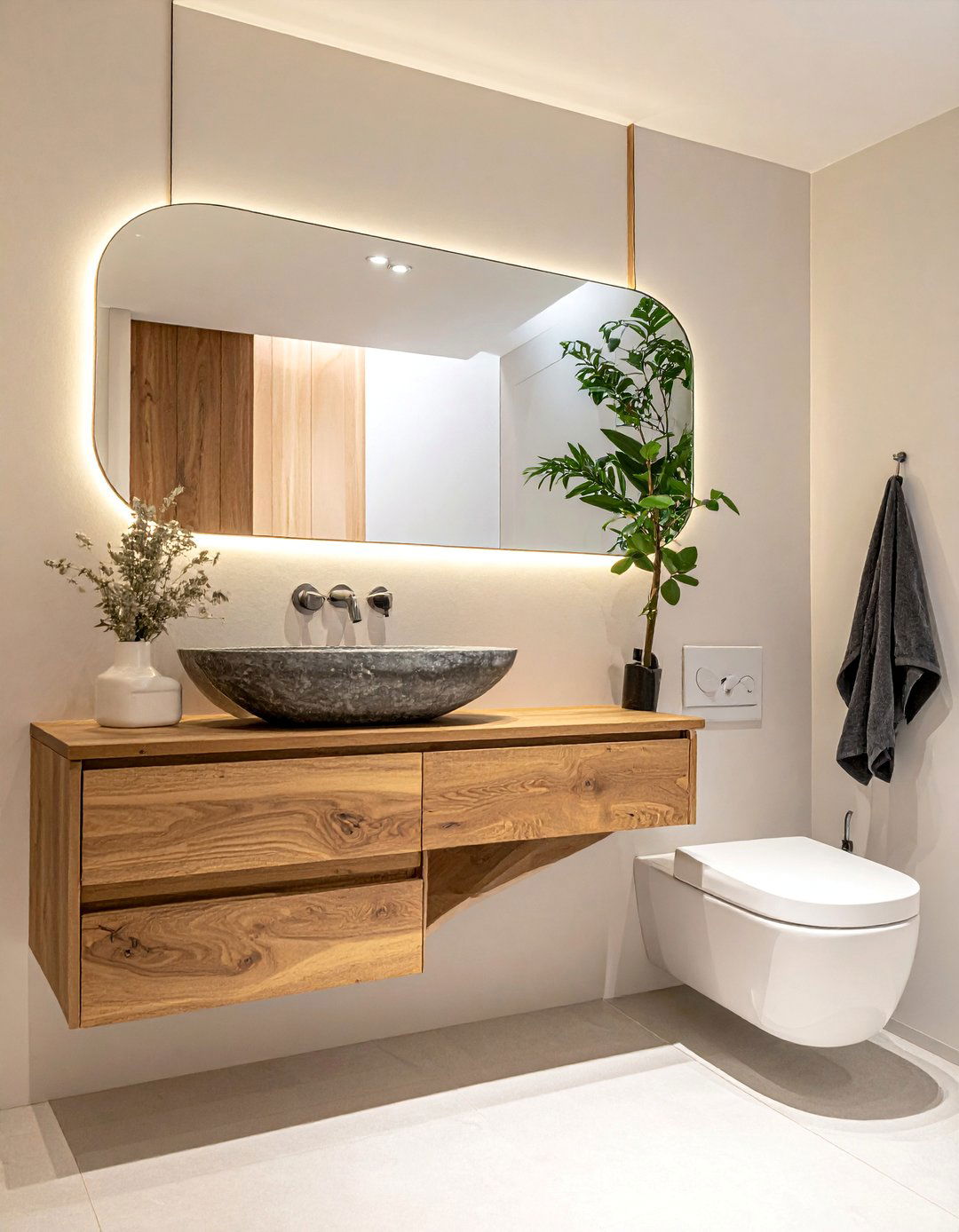 Japandi Bathroom with Organically Shaped Mirrors - 40 Japandi Bathroom Ideas for Minimalist Style