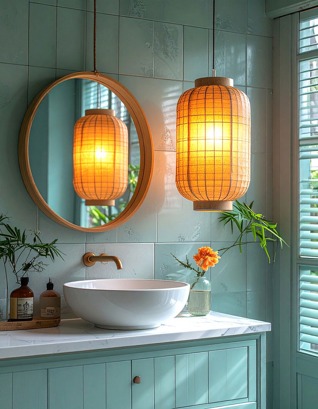 Japandi Bathroom with Paper Lantern Style Pendants - 40 Japandi Bathroom Ideas for Minimalist Style