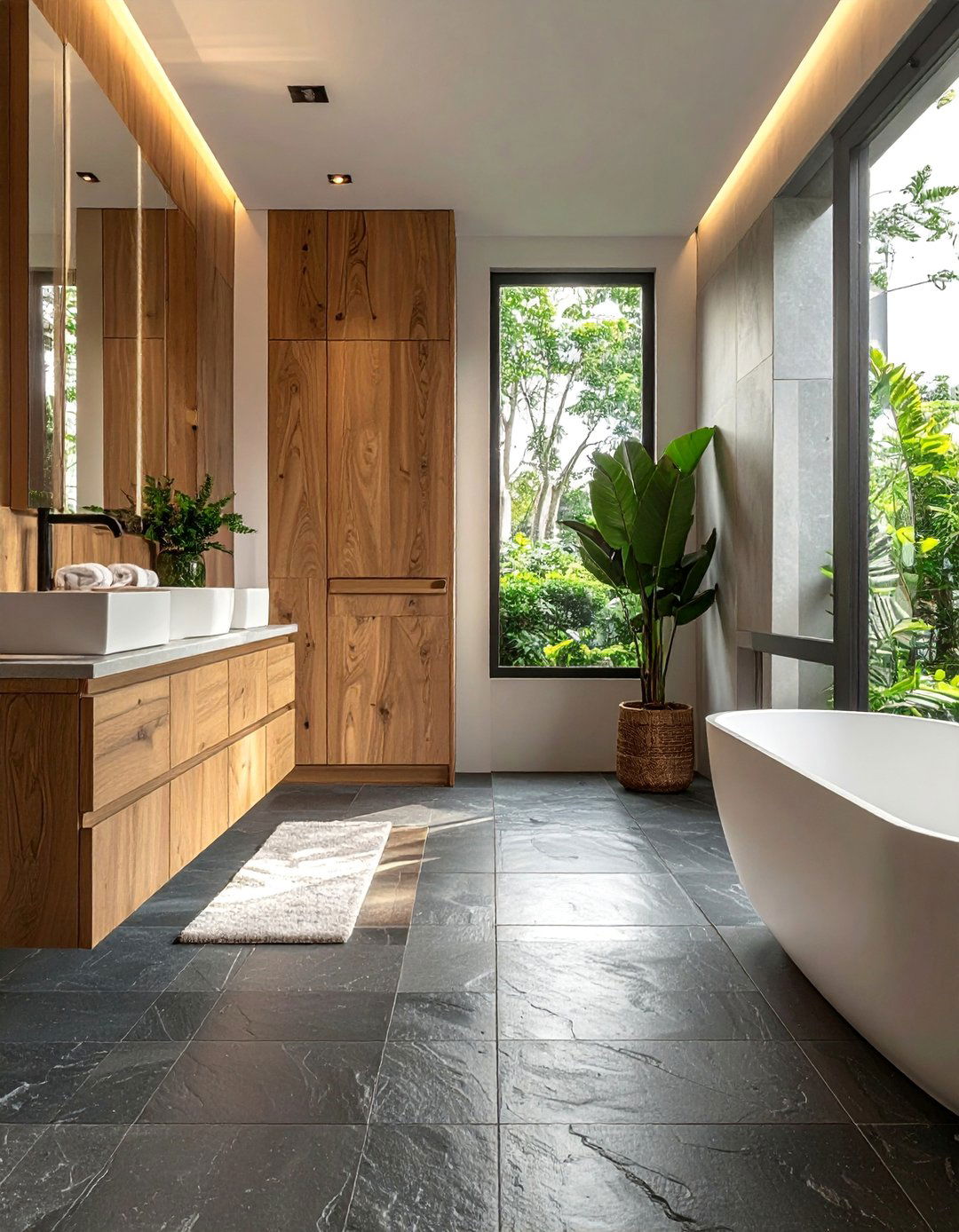 Japandi Bathroom with Slate Tile Flooring - 40 Japandi Bathroom Ideas for Minimalist Style