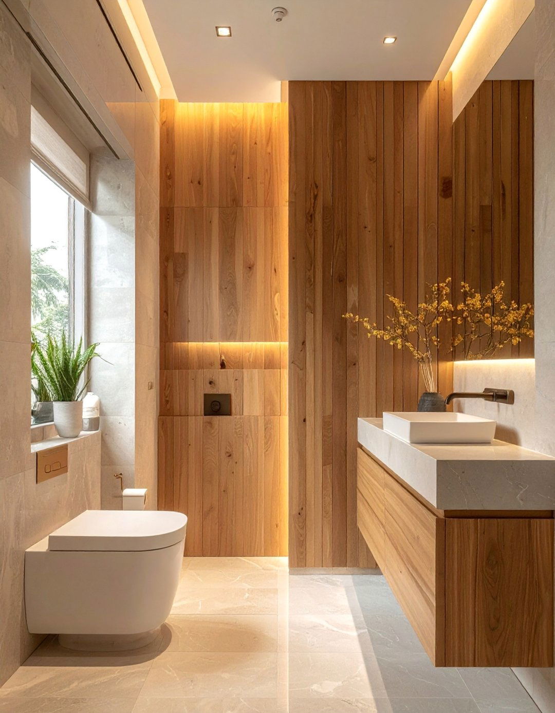 Japandi Bathroom with Vertical Wood Slat Wall Details - 40 Japandi Bathroom Ideas for Minimalist Style