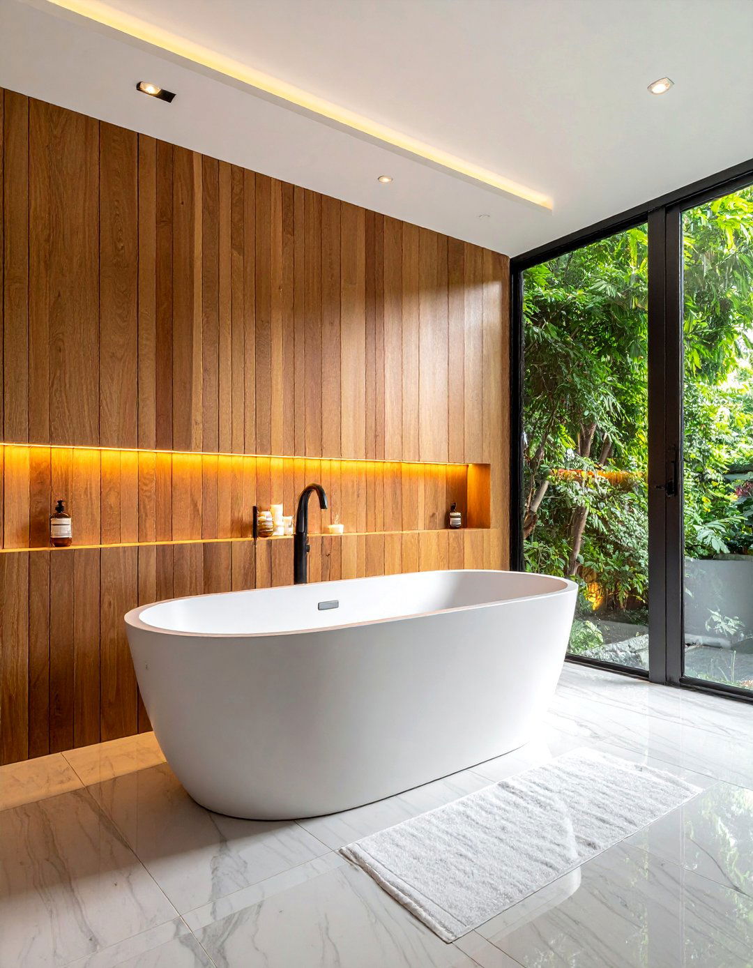 Japandi Bathroom with Water Resistant Wood Wall Paneling - 40 Japandi Bathroom Ideas for Minimalist Style